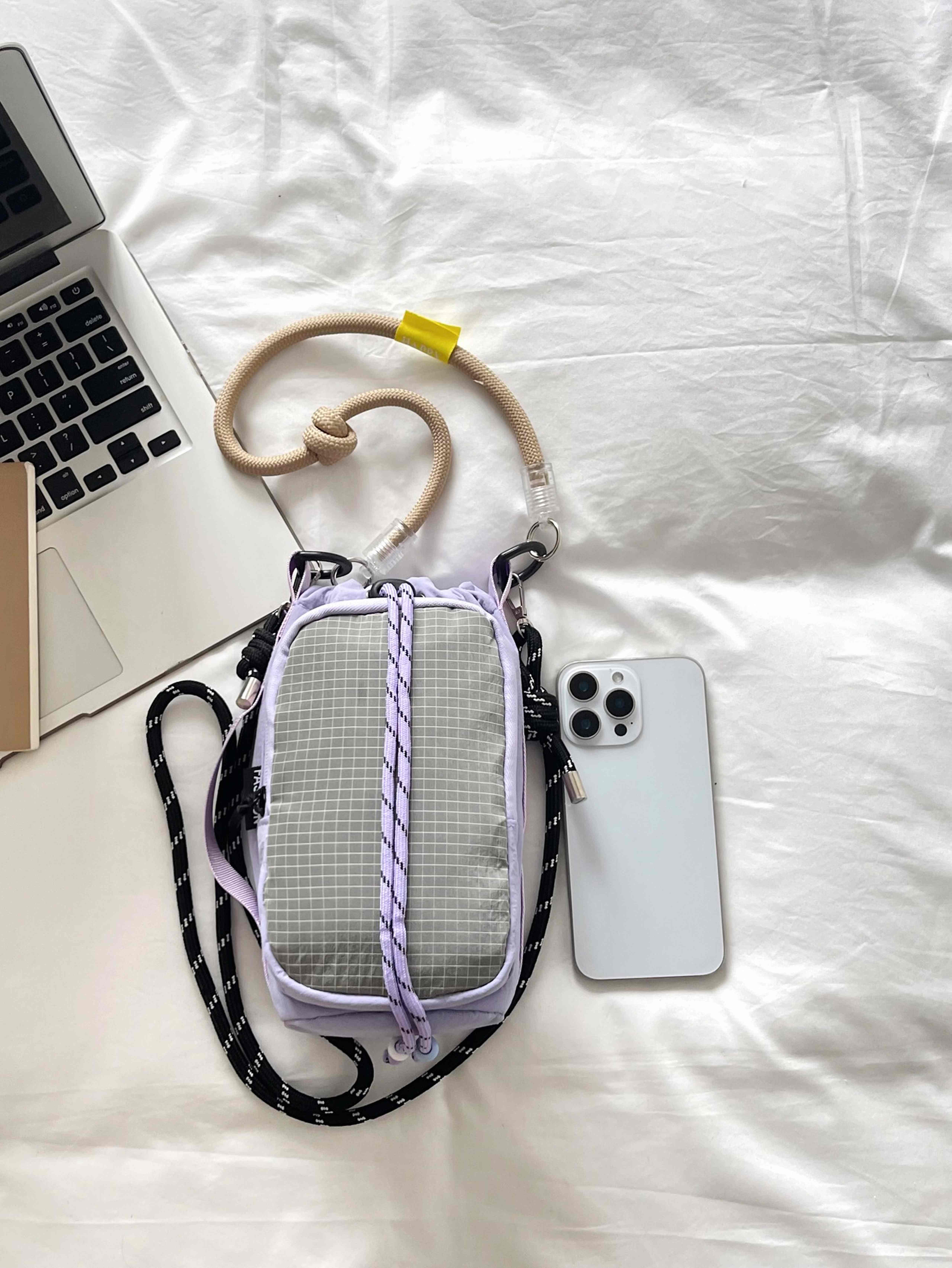 Purple Grid-Panel Drawstring Shoulder Bag