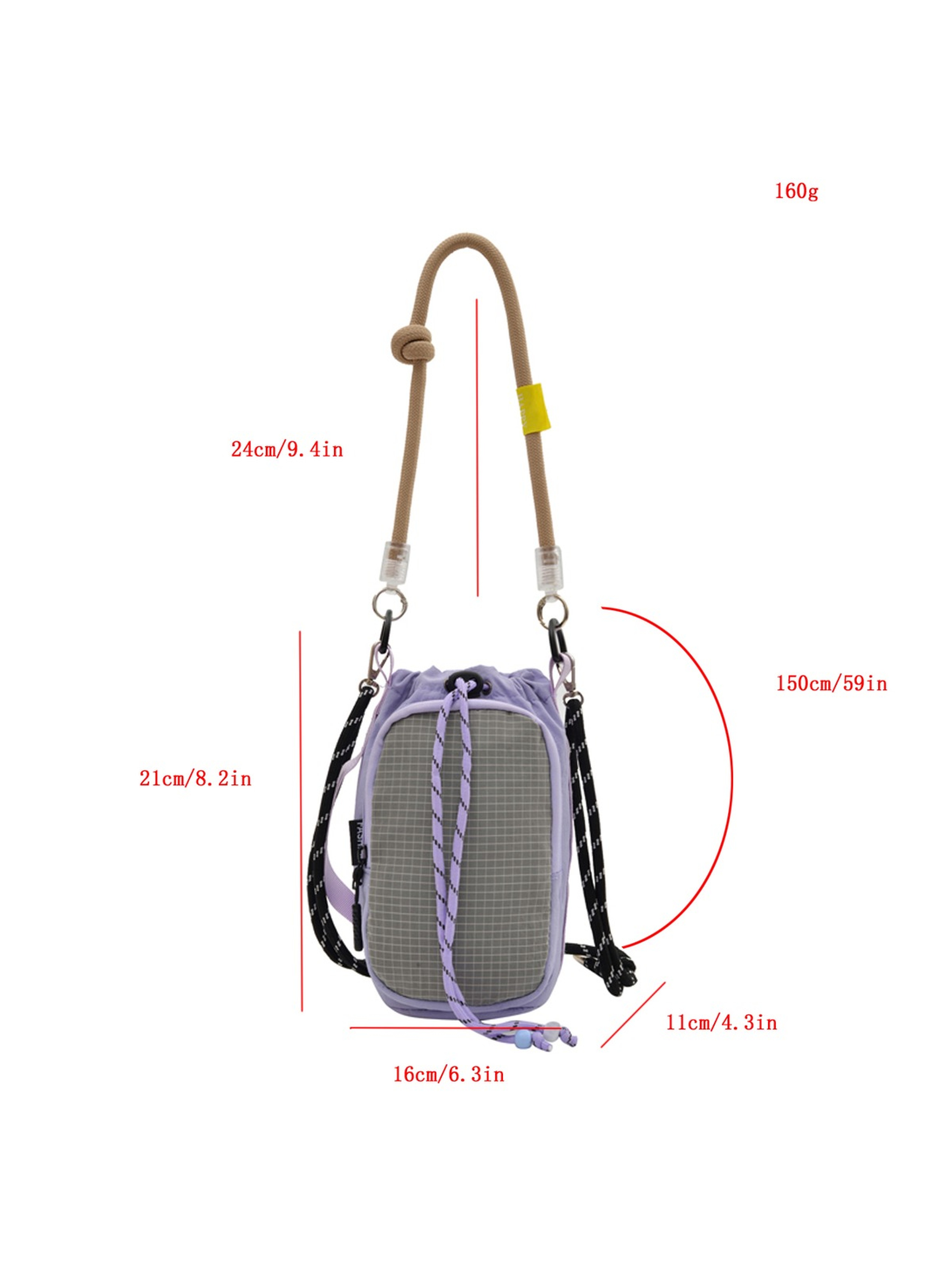 Purple Grid-Panel Drawstring Shoulder Bag
