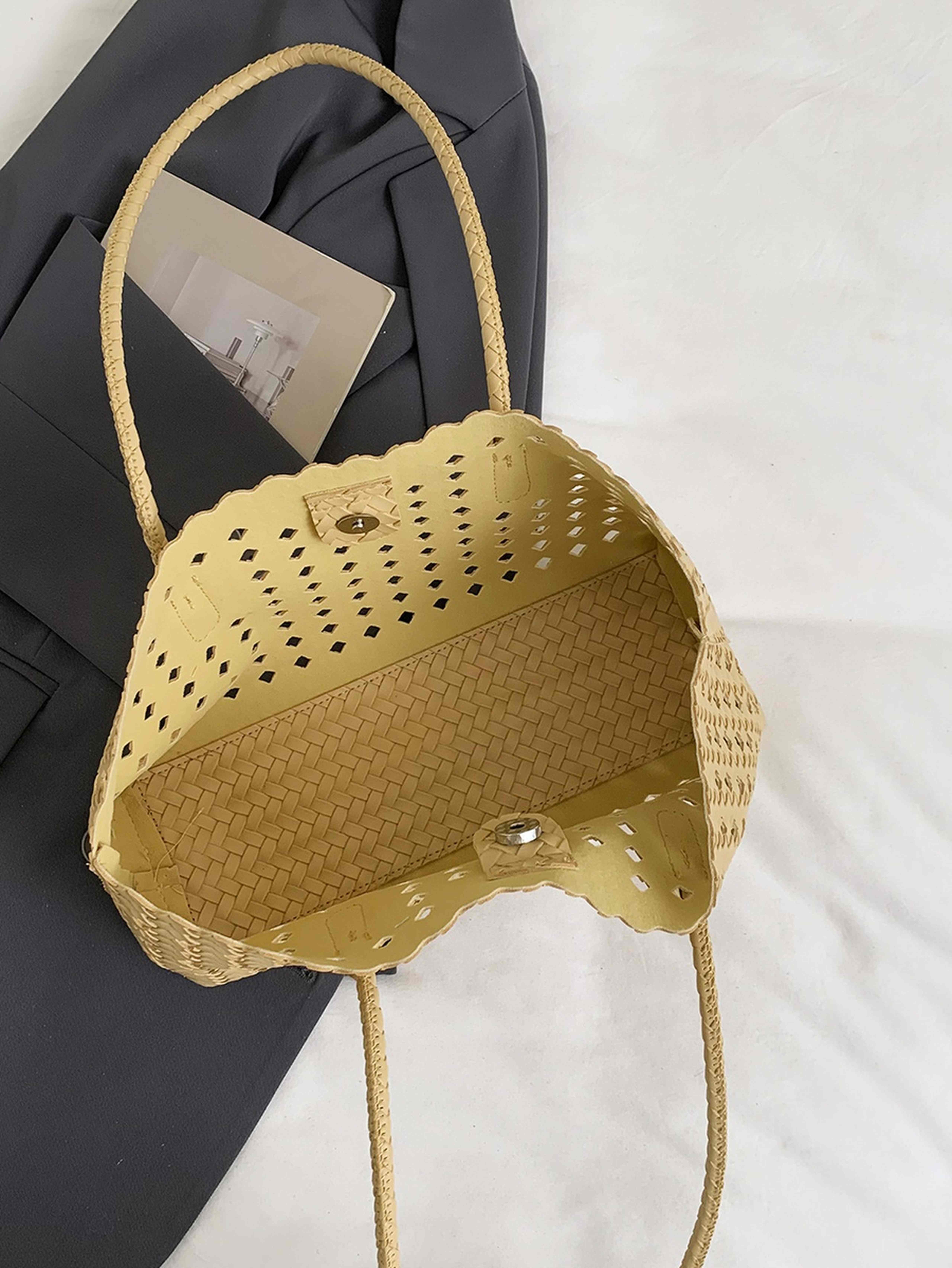 Khaki Woven Cutout Tote Handbag with Scalloped Edge