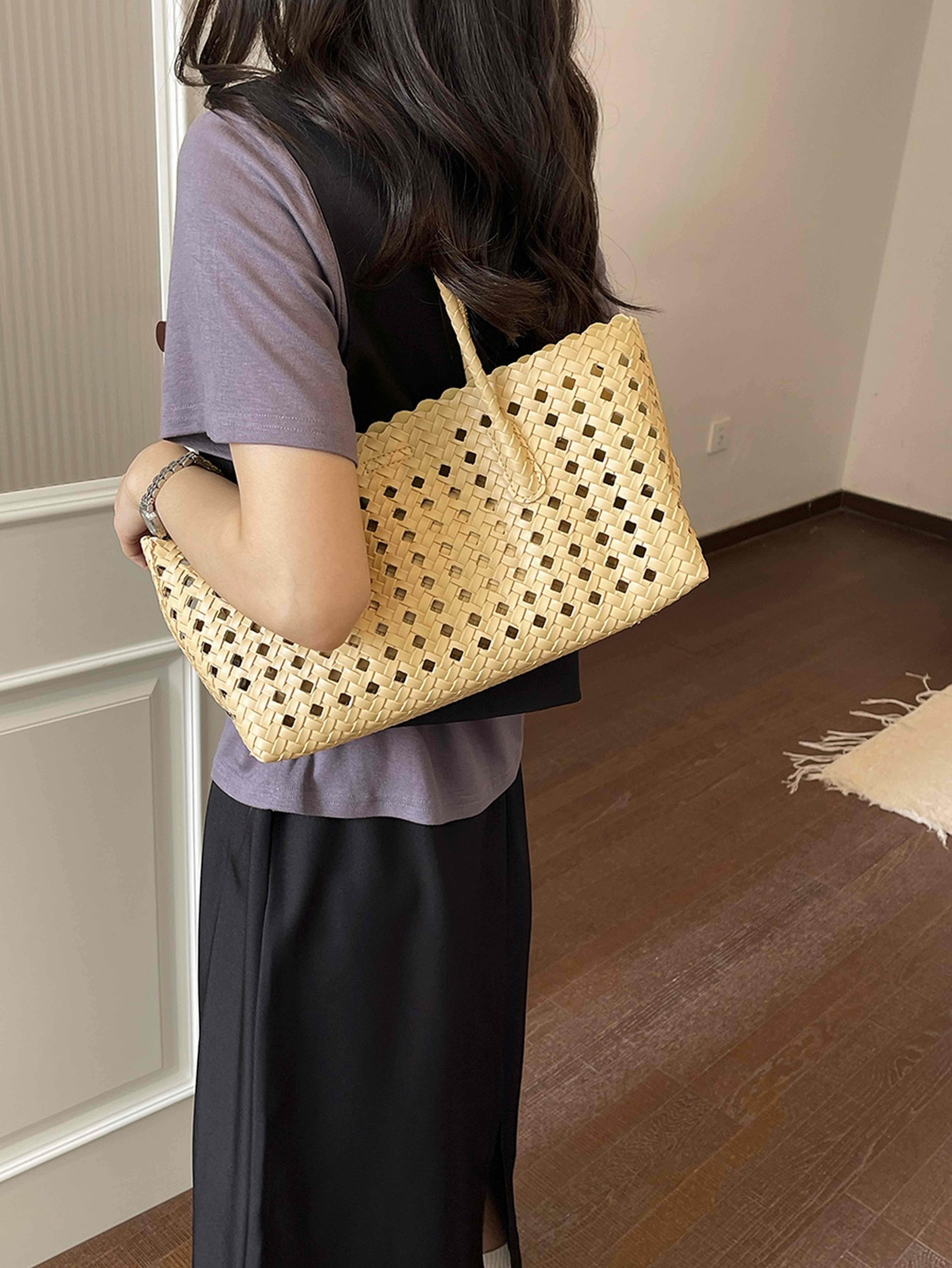 Khaki Woven Cutout Tote Handbag with Scalloped Edge