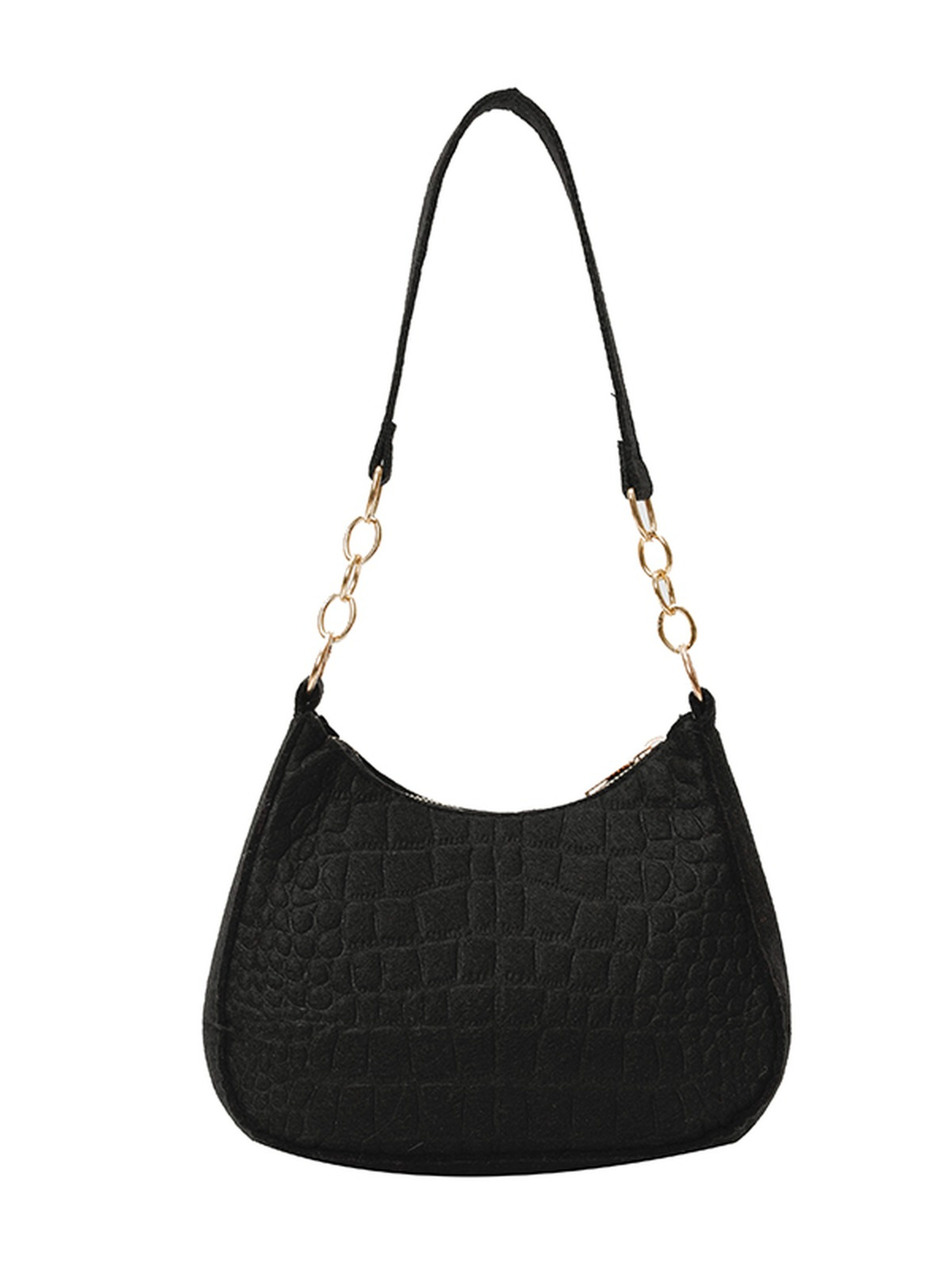 Black Crocodile Embossed Shoulder Bag with Gold Chain Detail