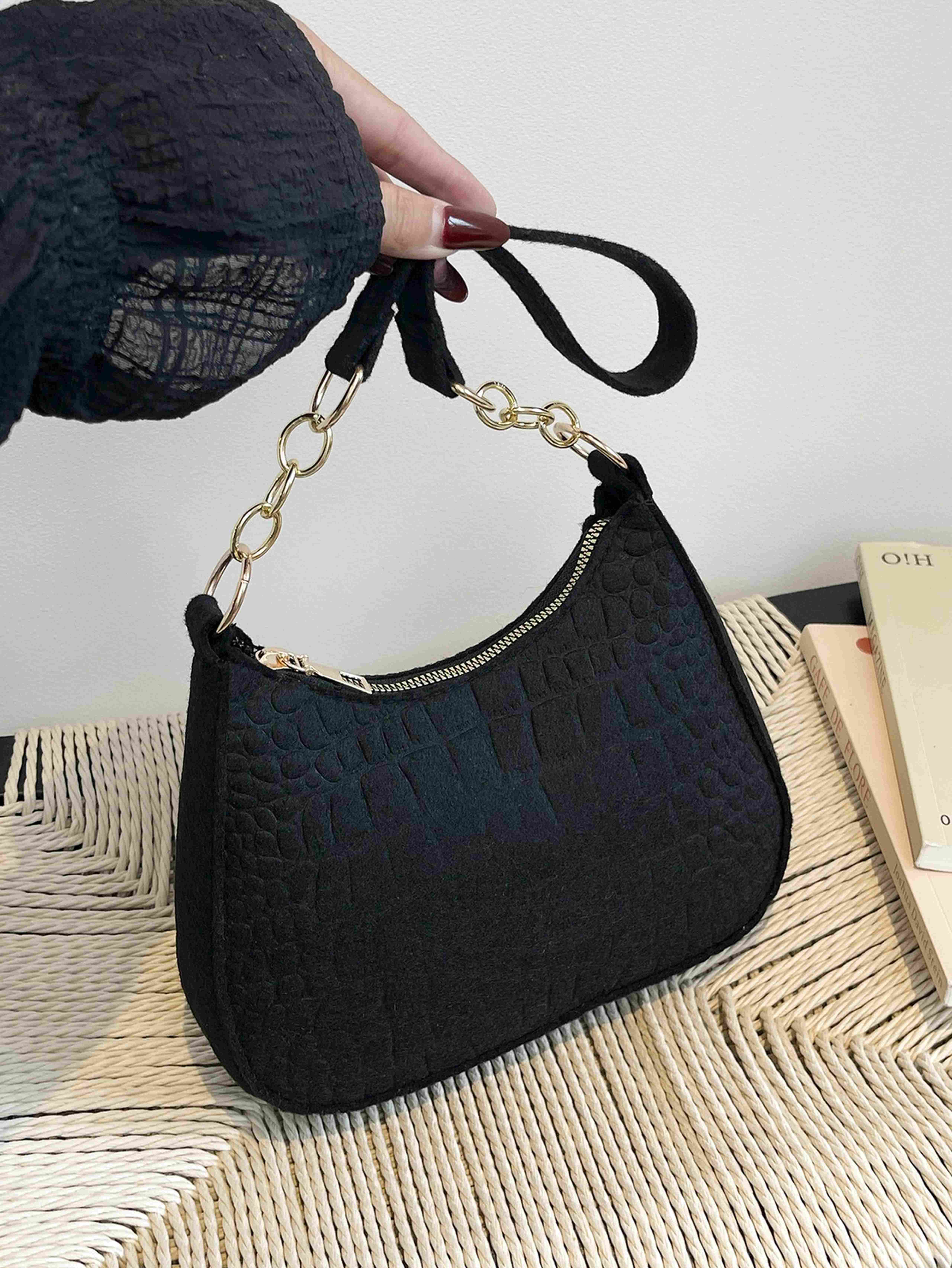 Black Crocodile Embossed Shoulder Bag with Gold Chain Detail