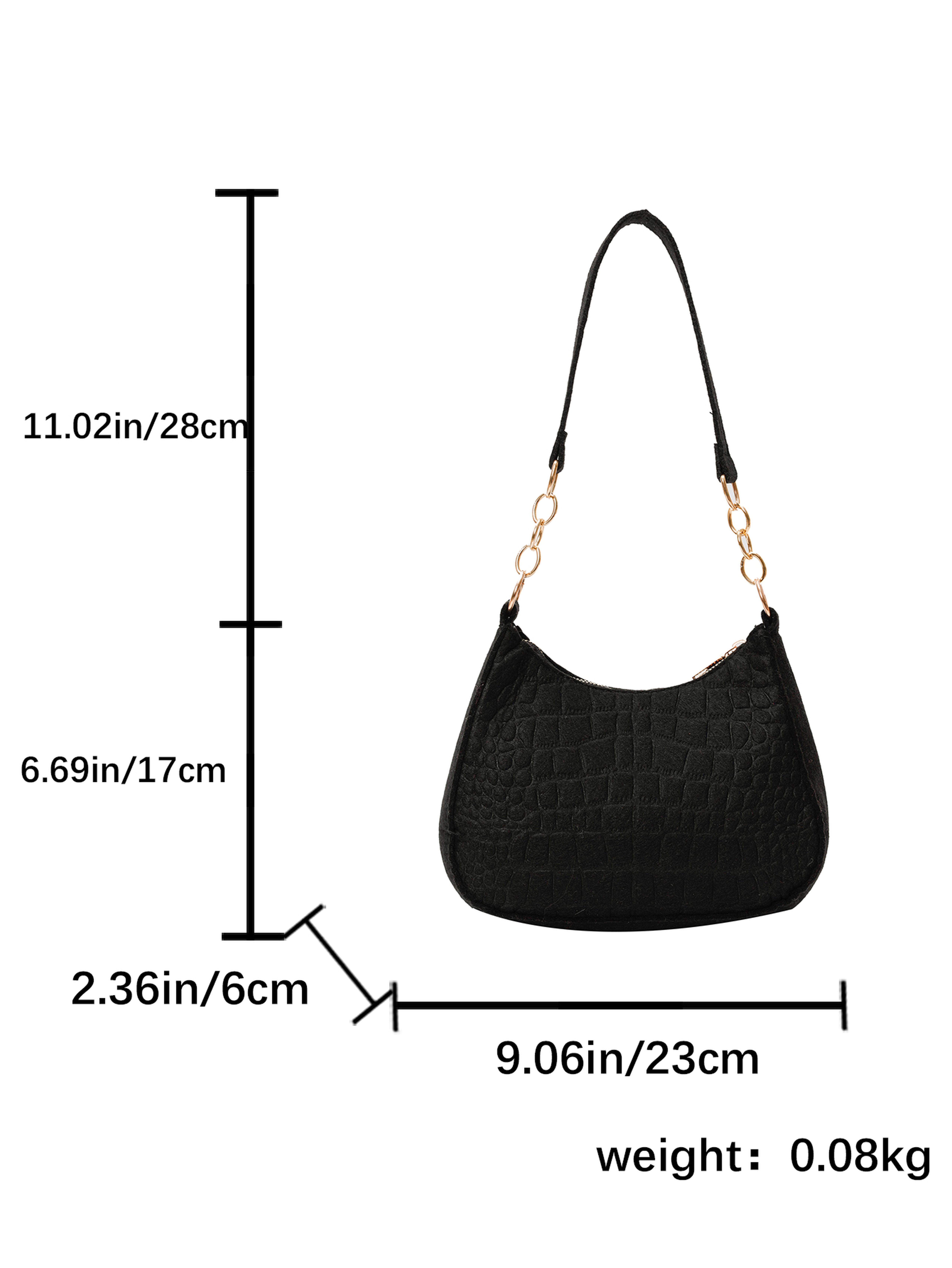 Black Crocodile Embossed Shoulder Bag with Gold Chain Detail
