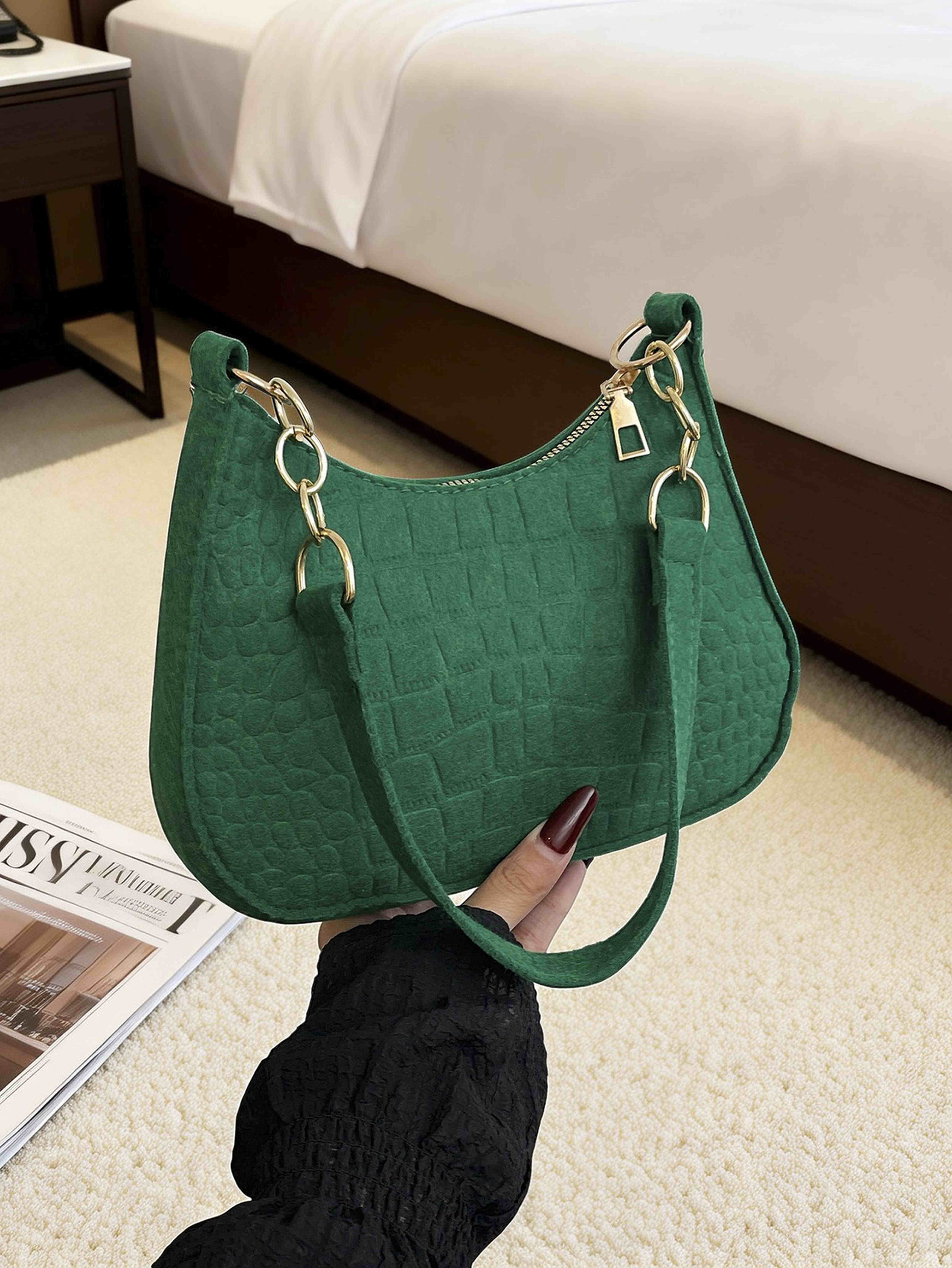 Emerald Green Croc-Embossed Shoulder Bag