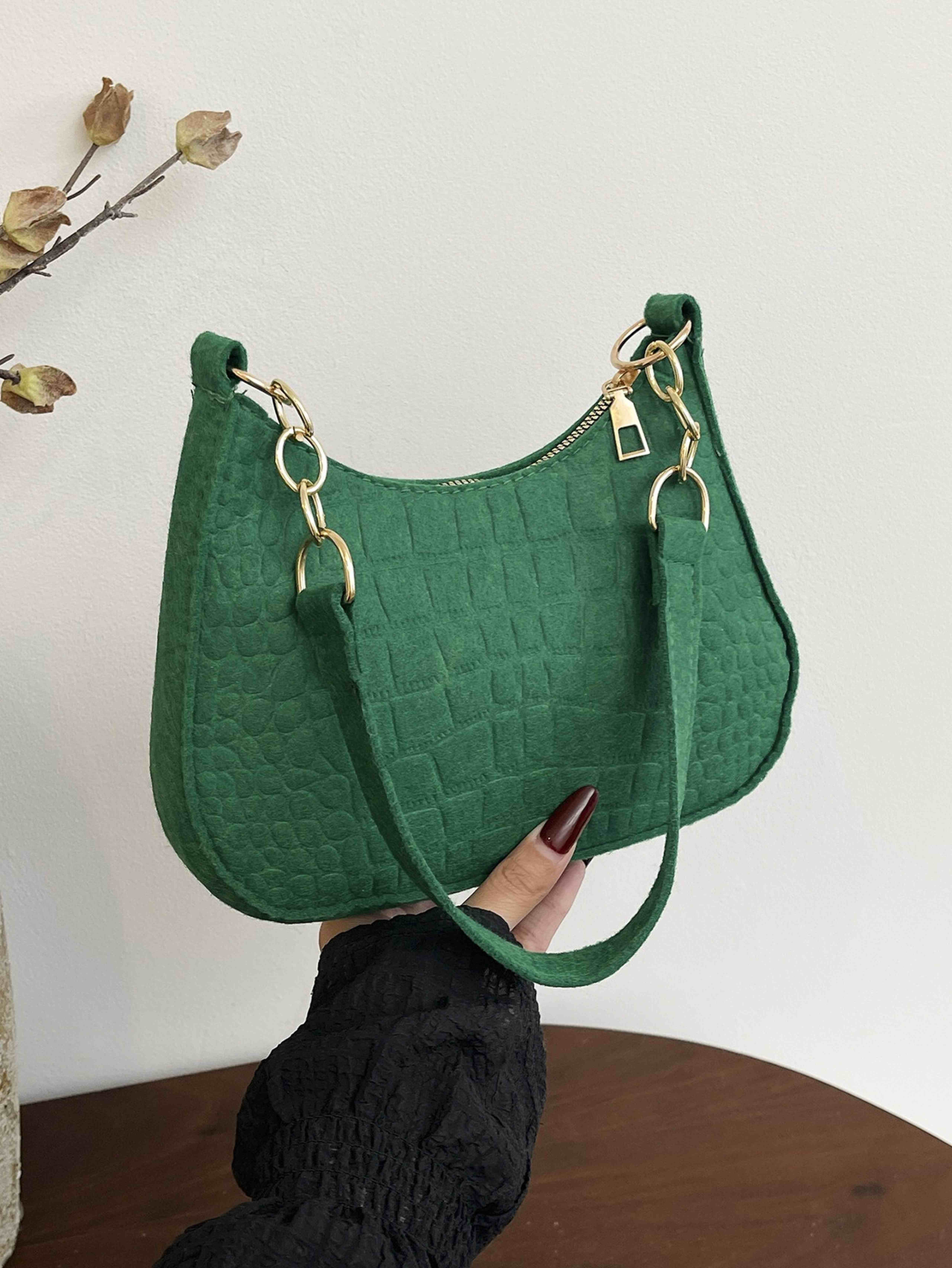 Emerald Green Croc-Embossed Shoulder Bag