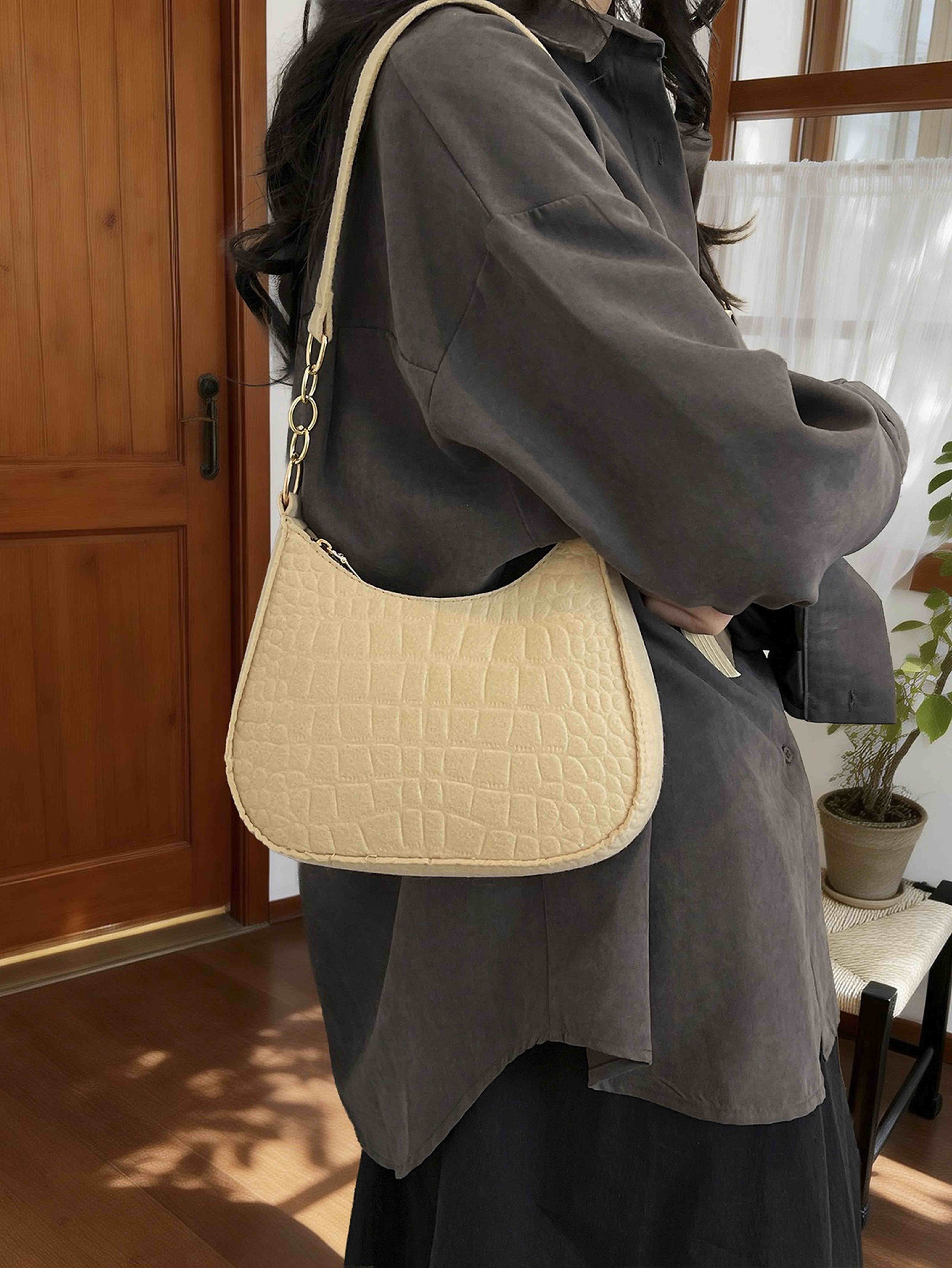 Beige Shoulder Bag with Zip Closure