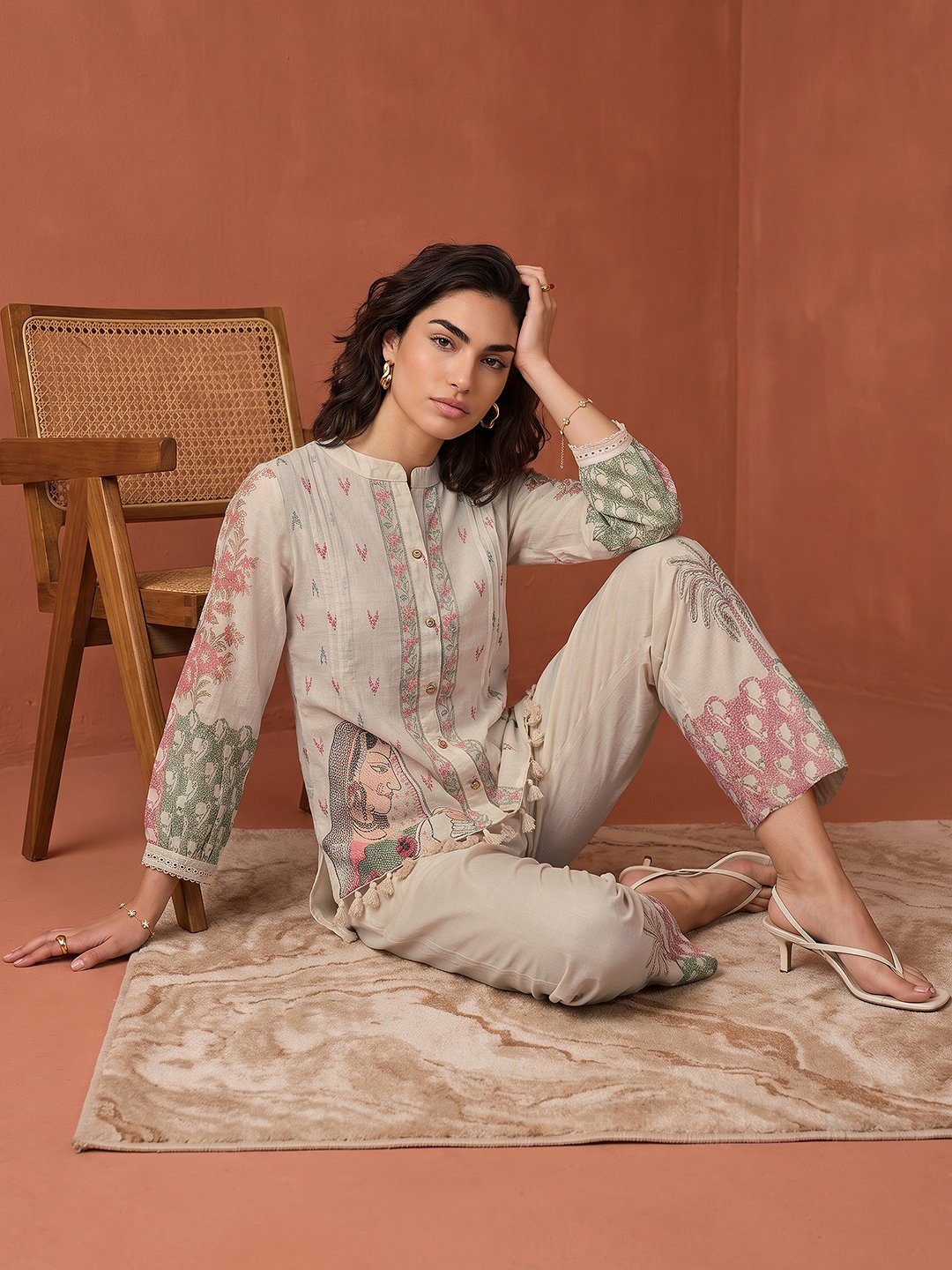 Off-White Printed Linen Blend Co-ord Set with Mandarin Collar