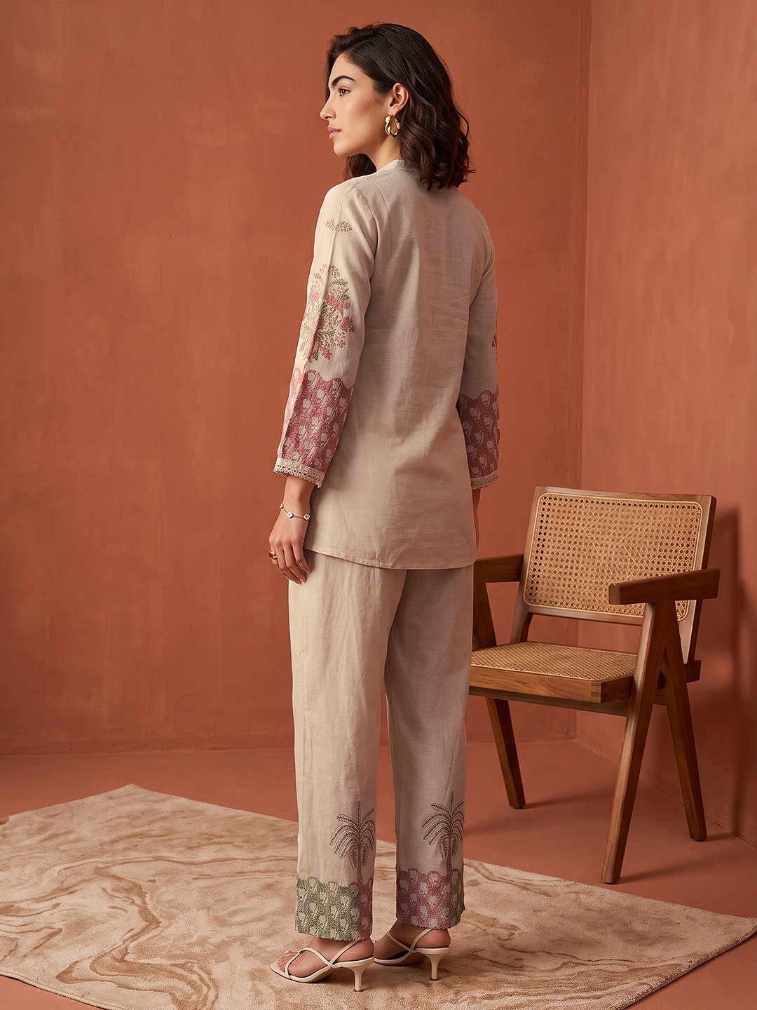 Off-White Printed Linen Blend Co-ord Set with Mandarin Collar
