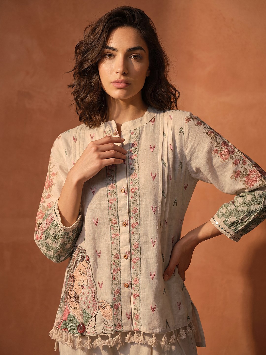 Off-White Printed Linen Blend Co-ord Set with Mandarin Collar