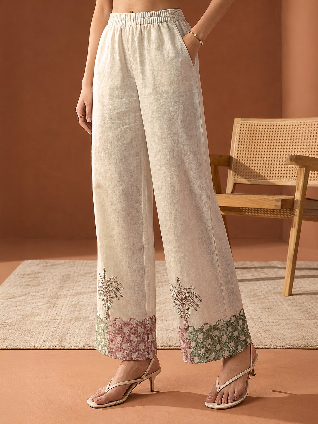 Off-White Printed Linen Blend Co-ord Set with Mandarin Collar