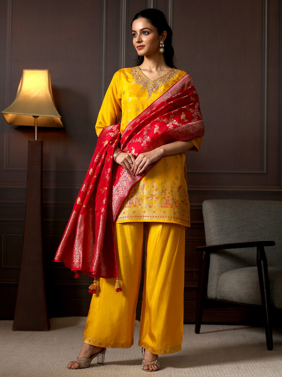 Mustard Silk Blend Woven Kurta Set with Palazzo and Dupatta