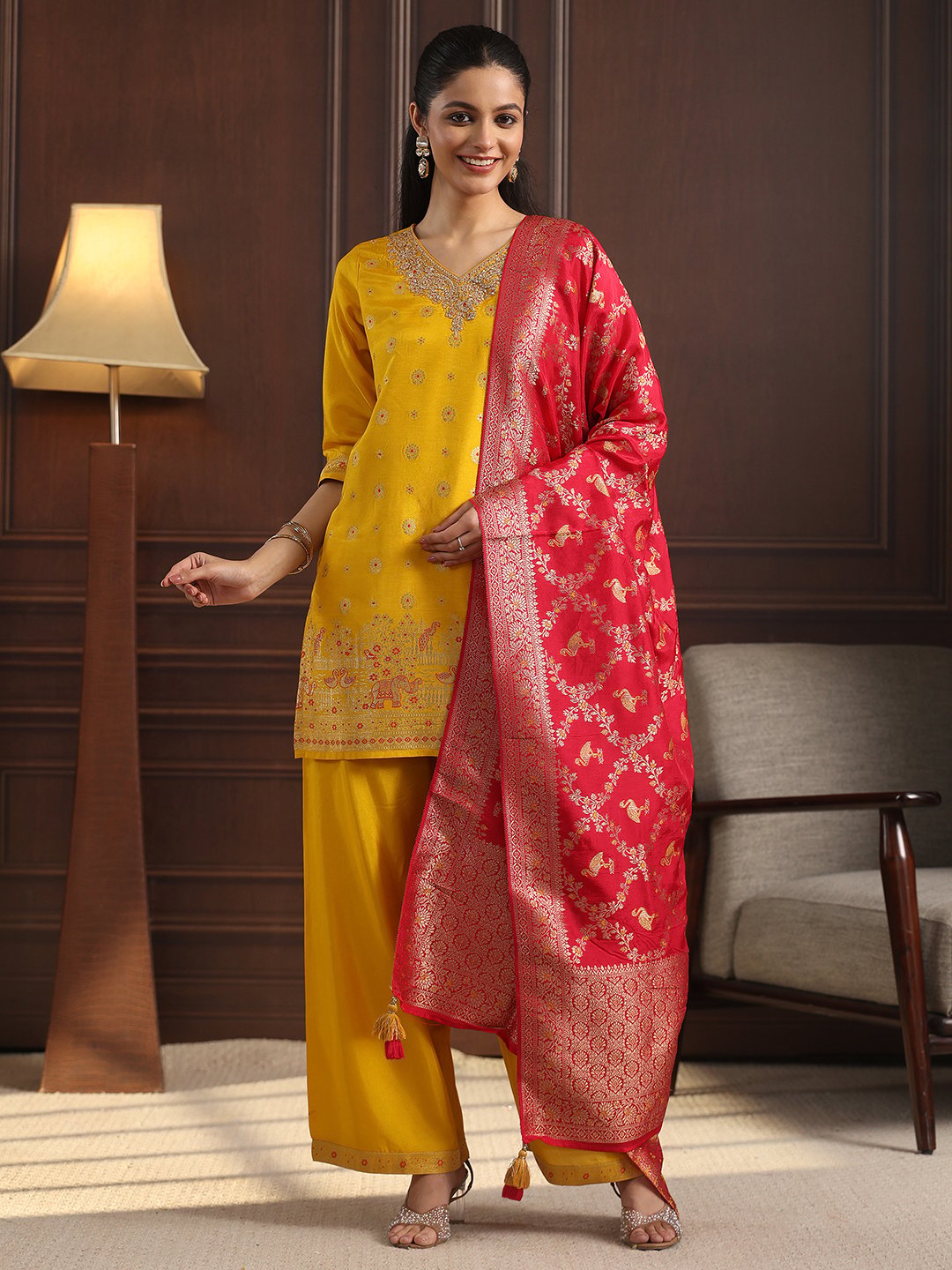 Mustard Silk Blend Woven Kurta Set with Palazzo and Dupatta