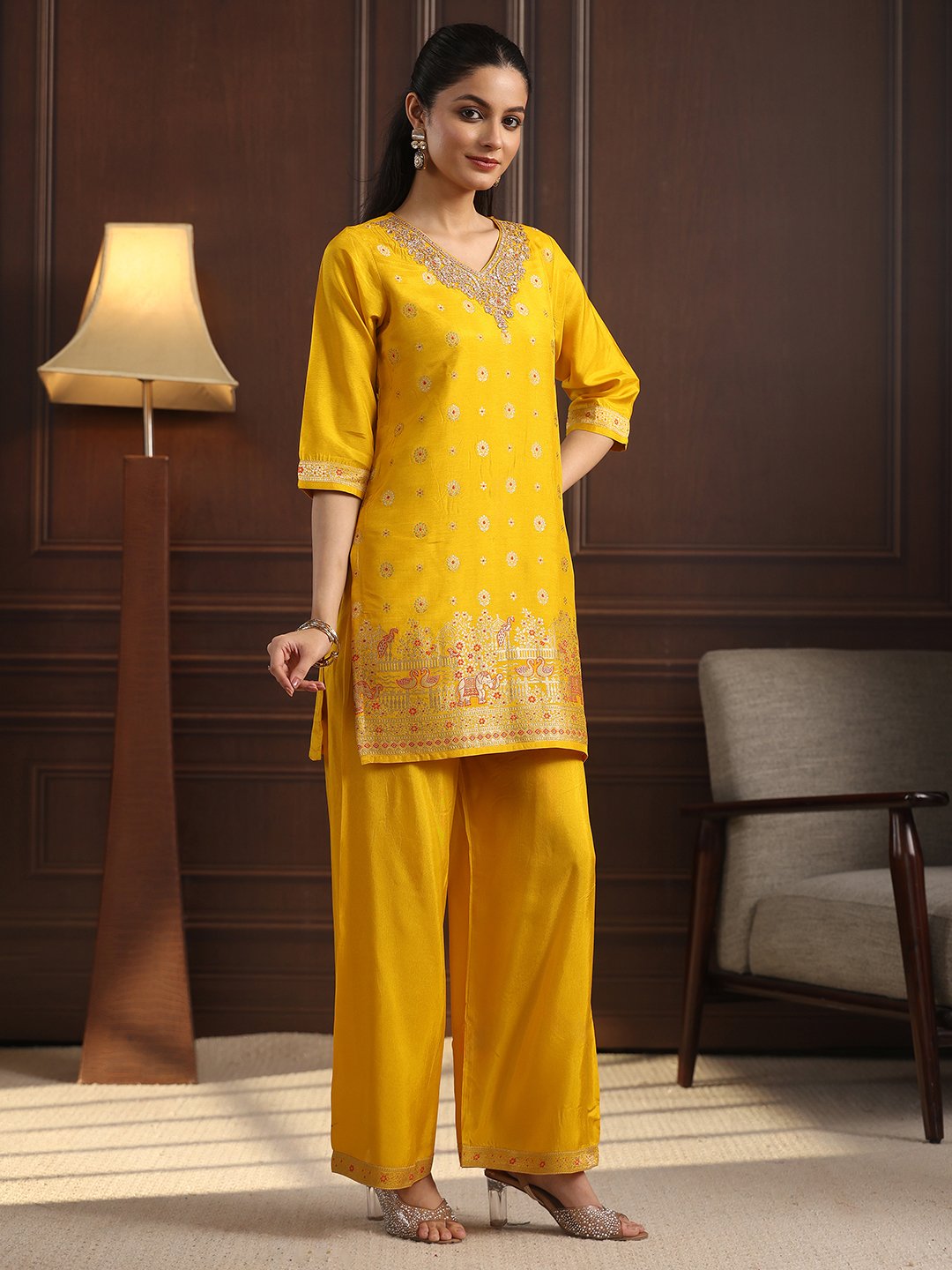 Mustard Silk Blend Woven Kurta Set with Palazzo and Dupatta
