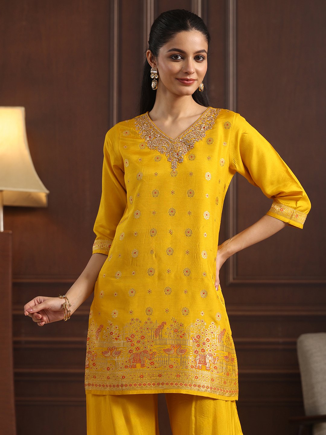 Mustard Silk Blend Woven Kurta Set with Palazzo and Dupatta