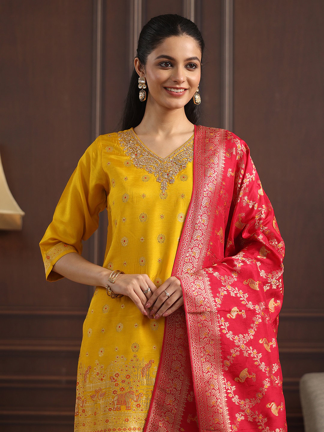 Mustard Silk Blend Woven Kurta Set with Palazzo and Dupatta