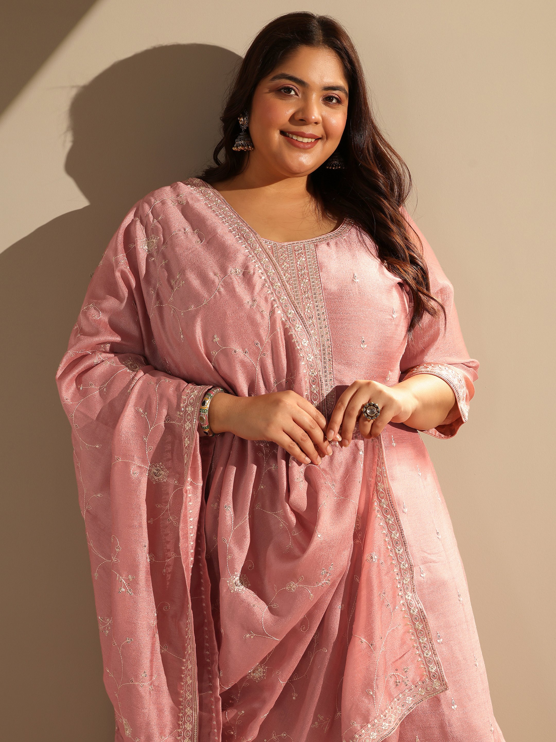 Peach Embroidered Silk Blend Kurta Set with Trousers and Dupatta