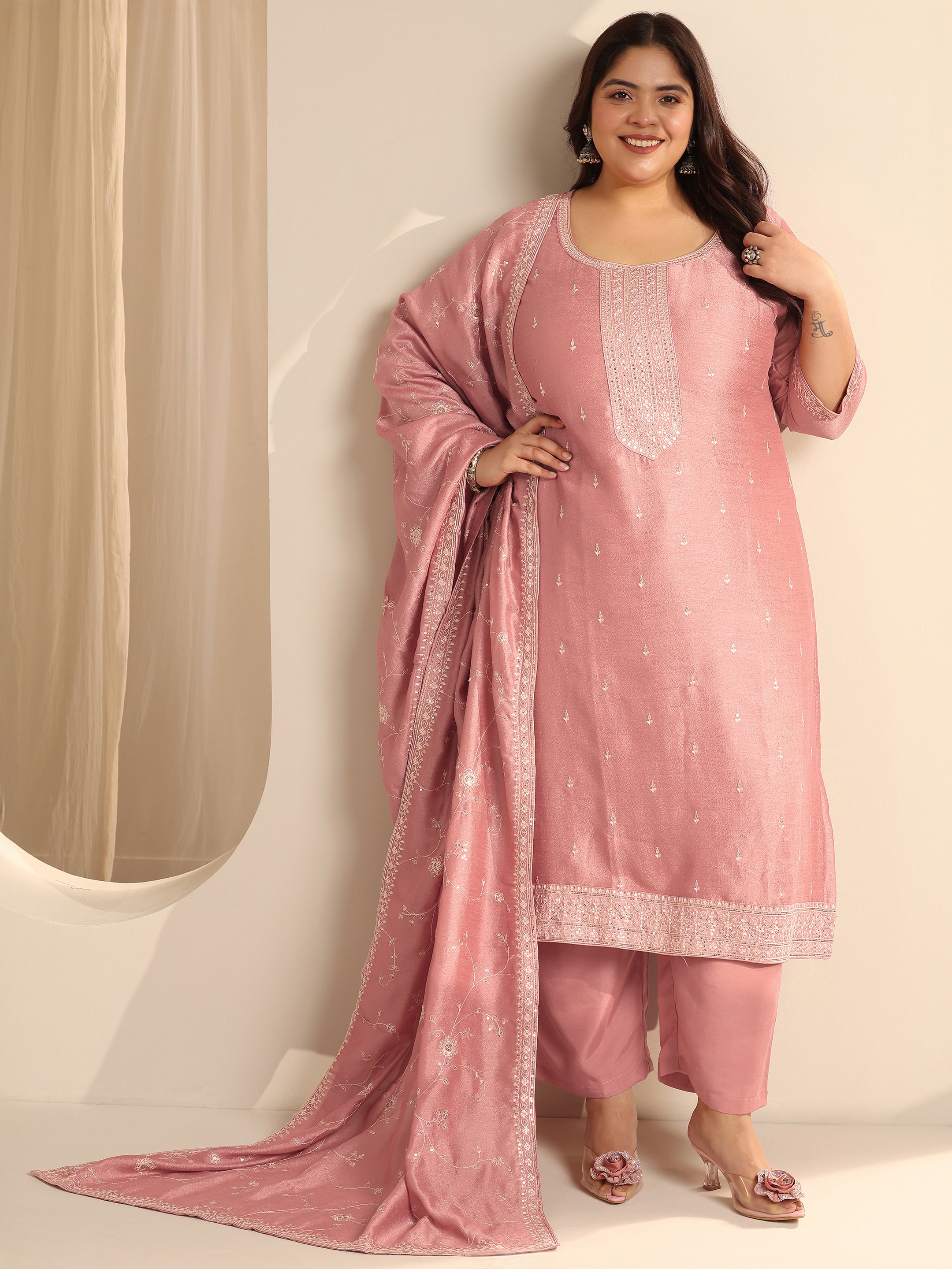 Peach Embroidered Silk Blend Kurta Set with Trousers and Dupatta