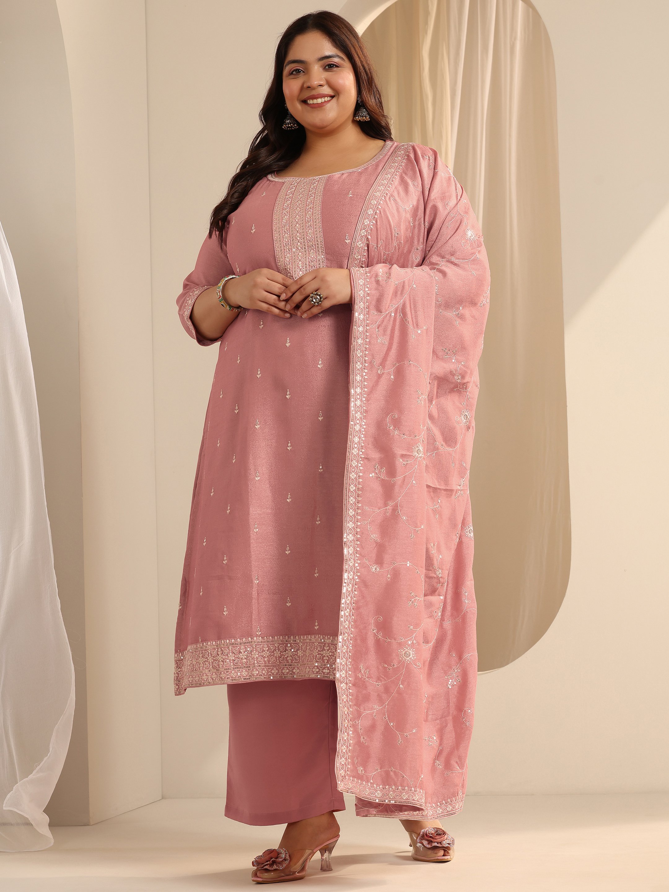 Peach Embroidered Silk Blend Kurta Set with Trousers and Dupatta