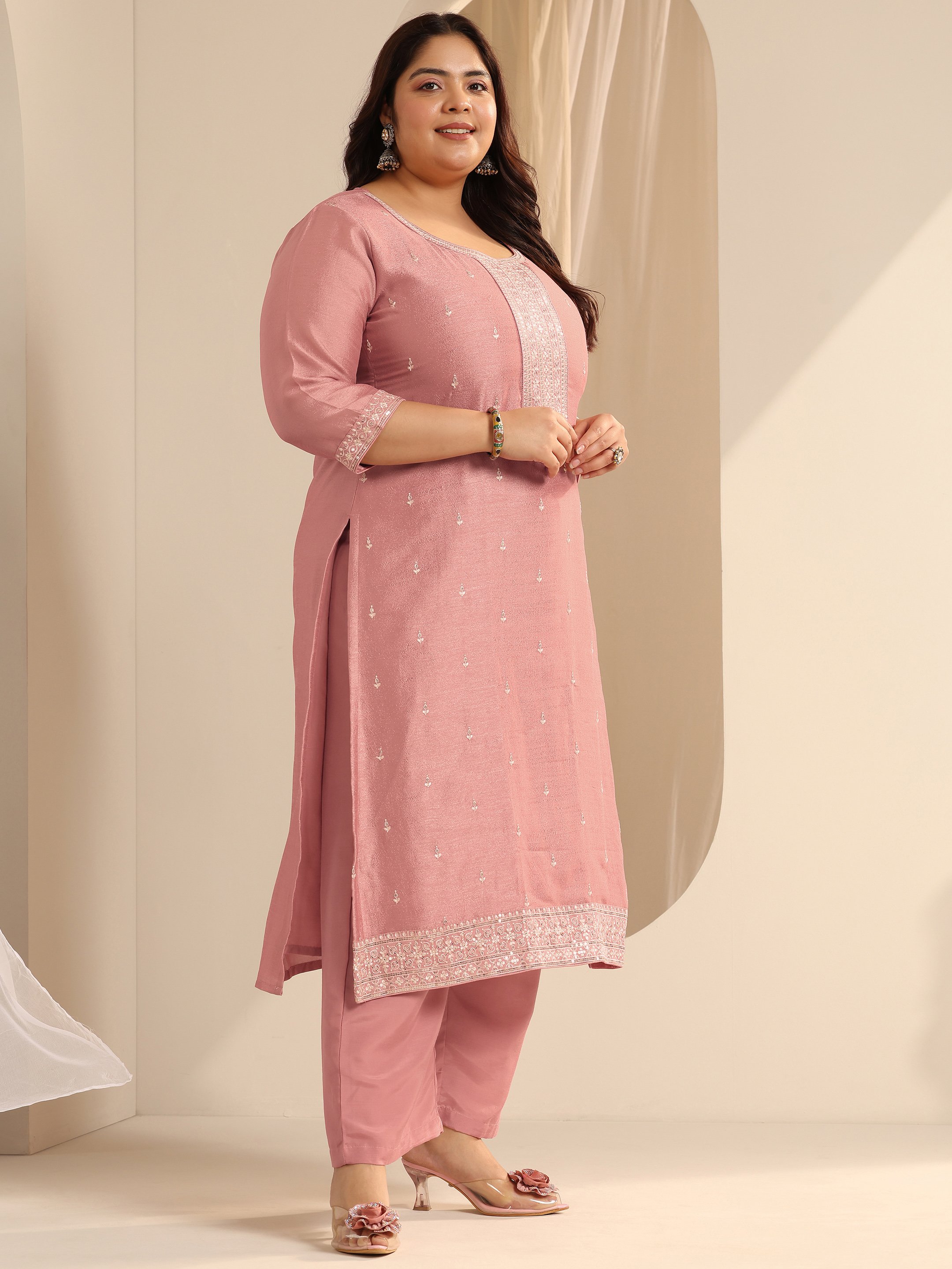 Peach Embroidered Silk Blend Kurta Set with Trousers and Dupatta
