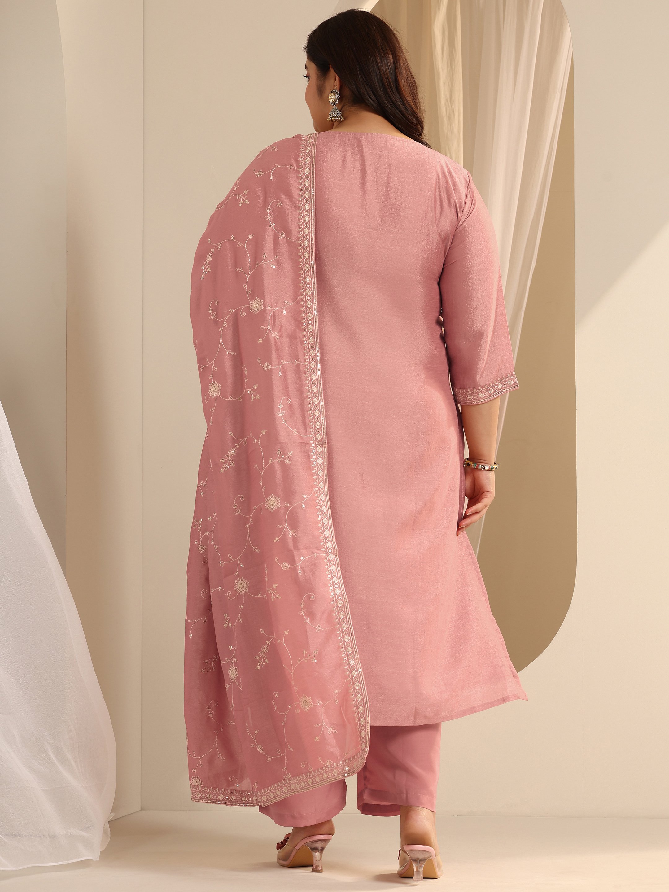 Peach Embroidered Silk Blend Kurta Set with Trousers and Dupatta