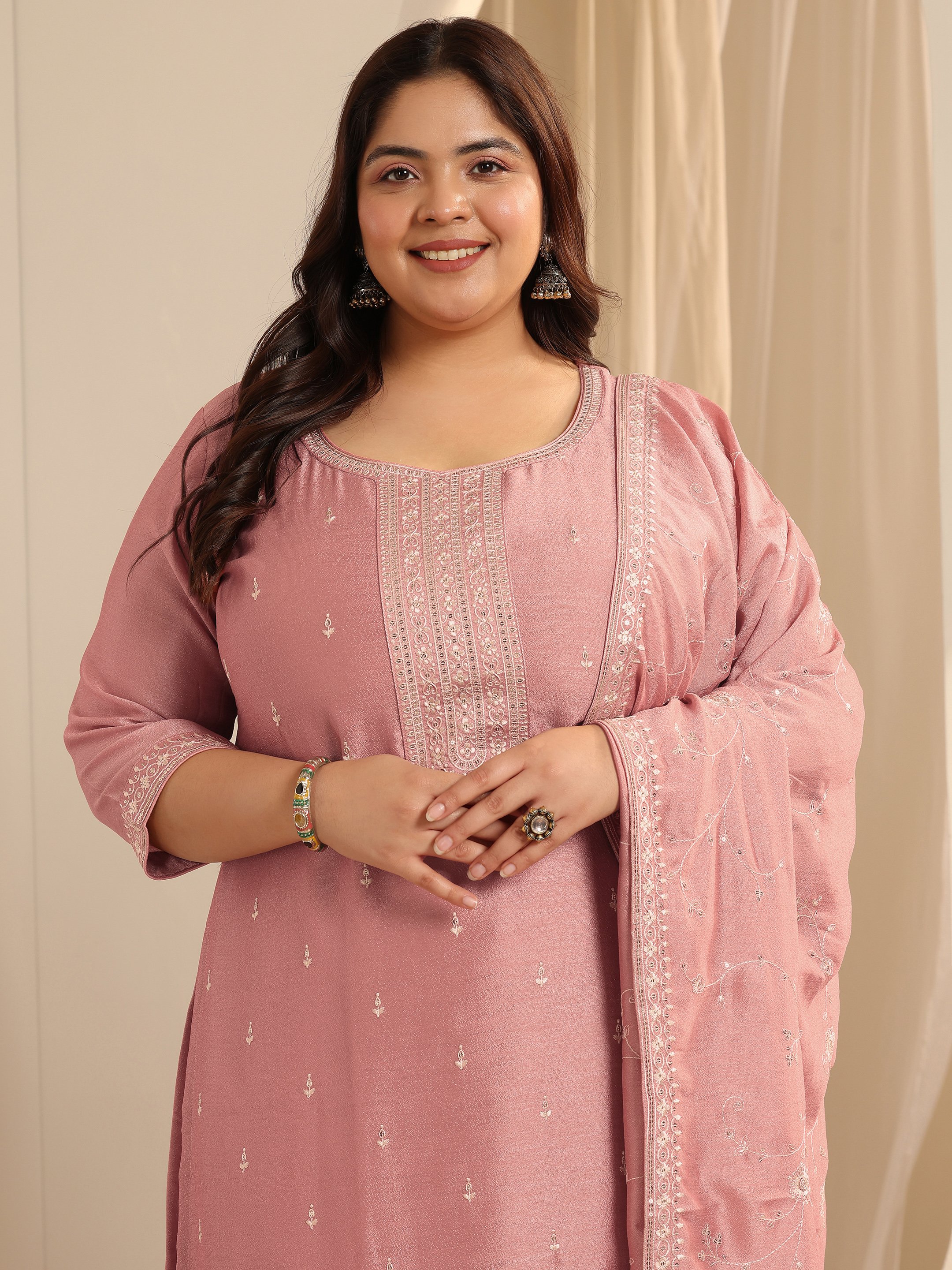 Peach Embroidered Silk Blend Kurta Set with Trousers and Dupatta