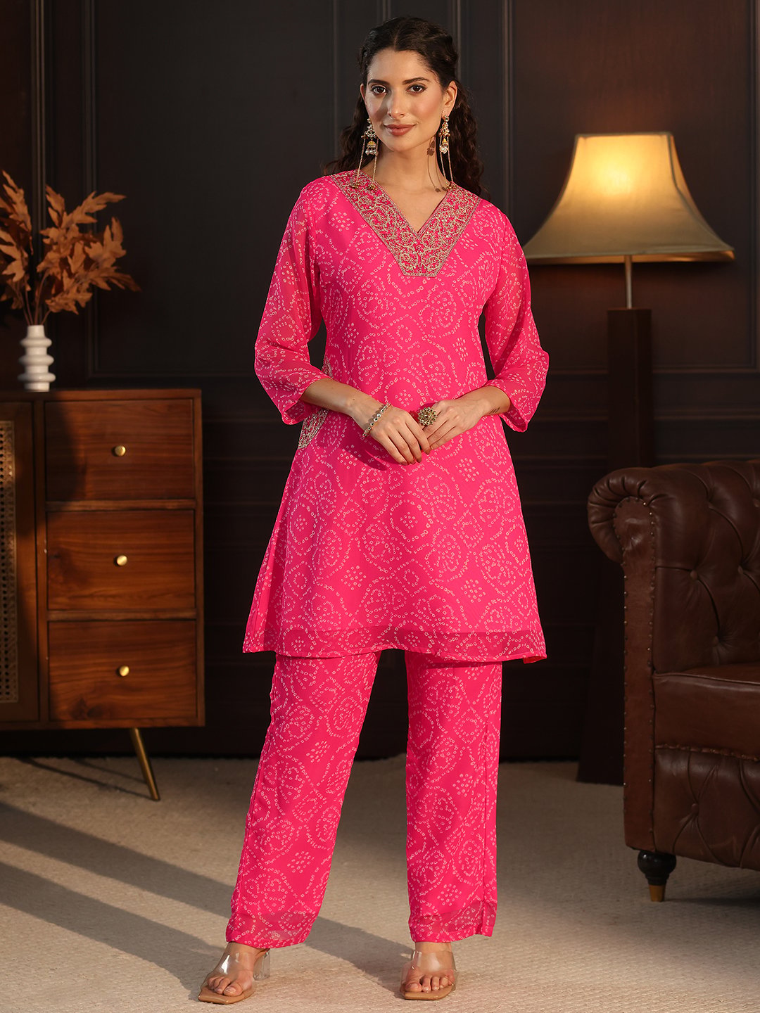Pink Bandhani Print V-Neck Kurta Set