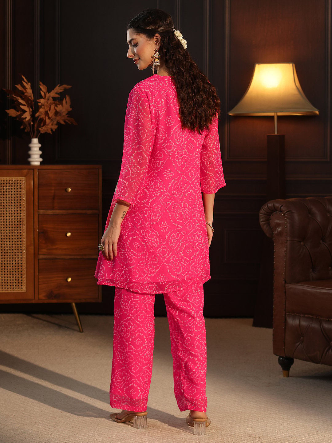Pink Bandhani Print V-Neck Kurta Set