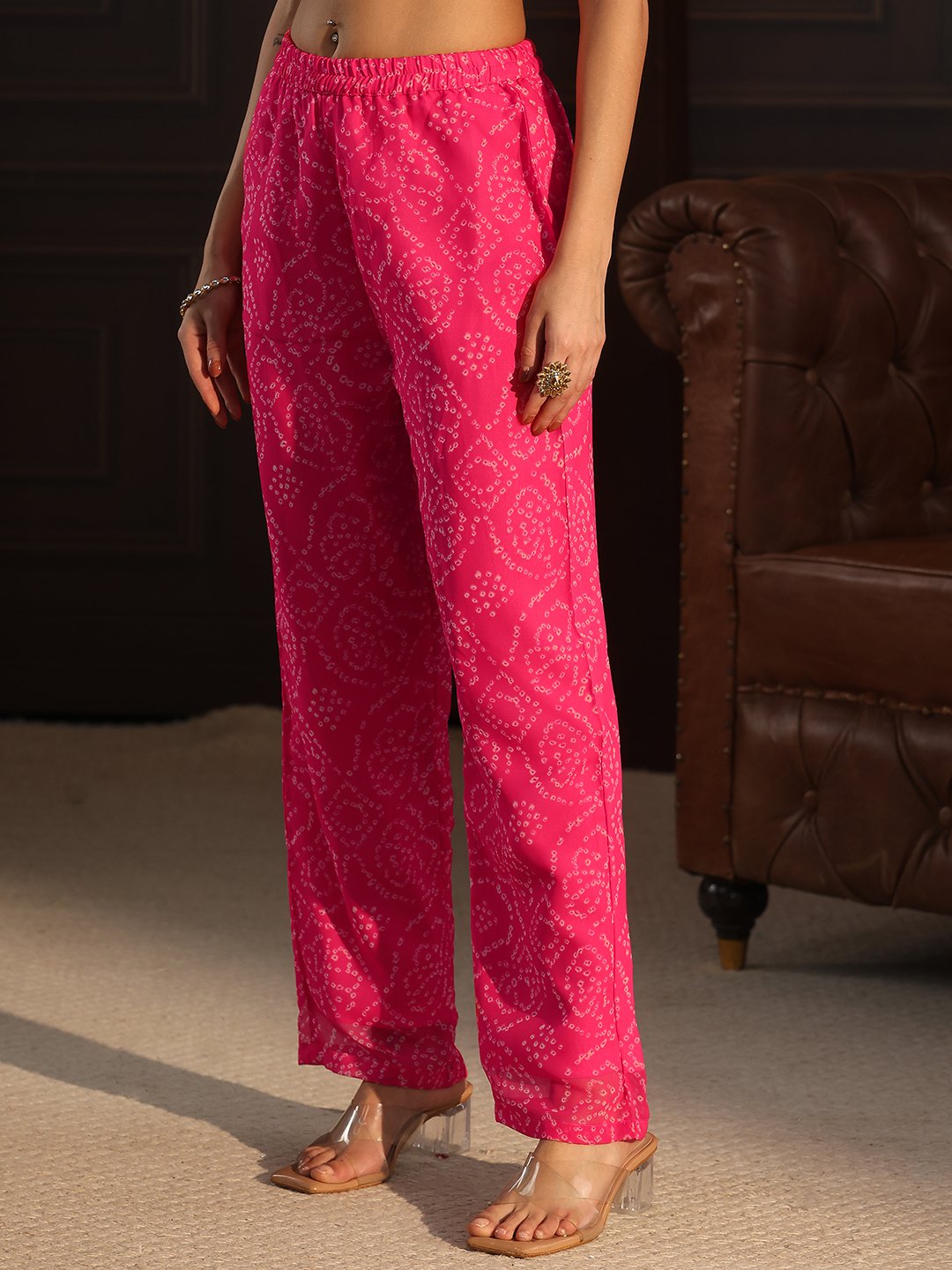 Pink Bandhani Print V-Neck Kurta Set