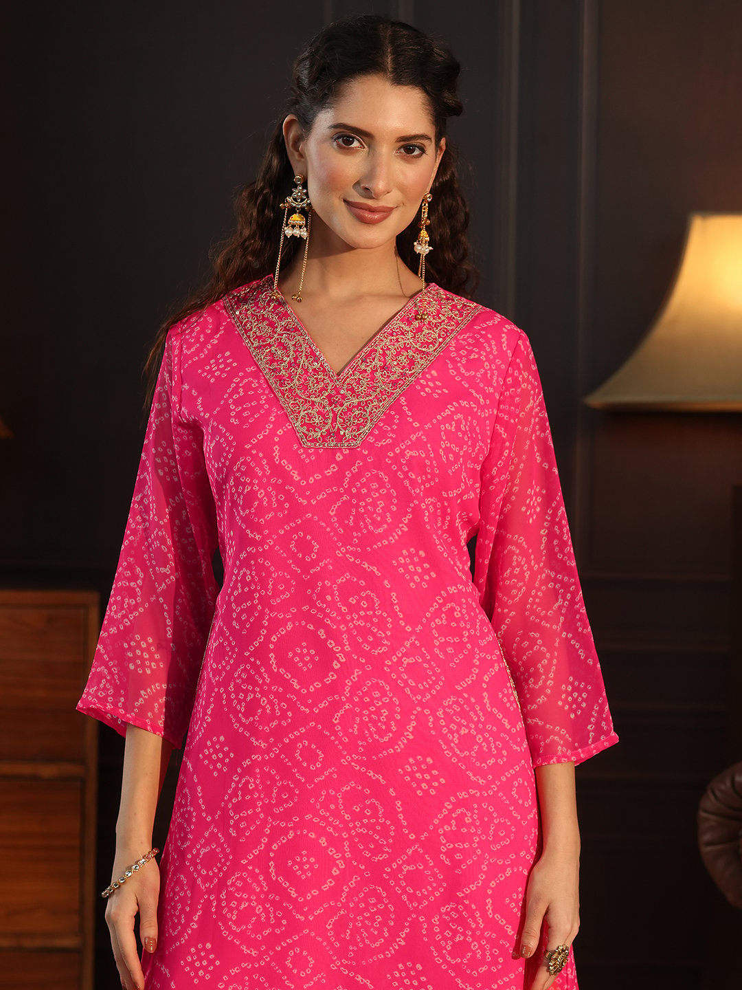 Pink Bandhani Print V-Neck Kurta Set