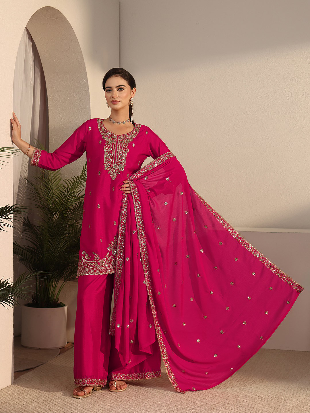 Magenta Embroidered Chinon Sharara Set with Dupatta