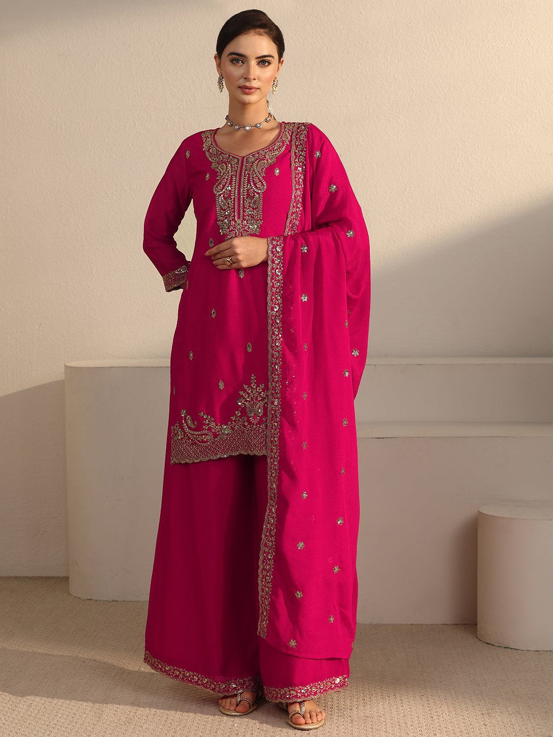 Magenta Embroidered Chinon Sharara Set with Dupatta