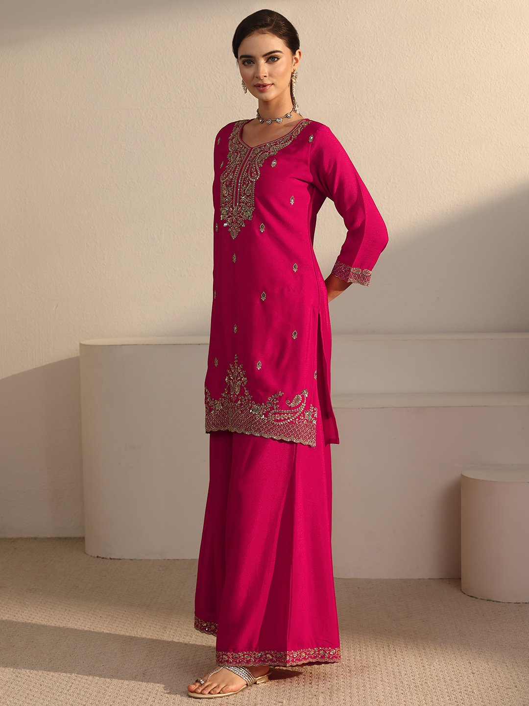 Magenta Embroidered Chinon Sharara Set with Dupatta