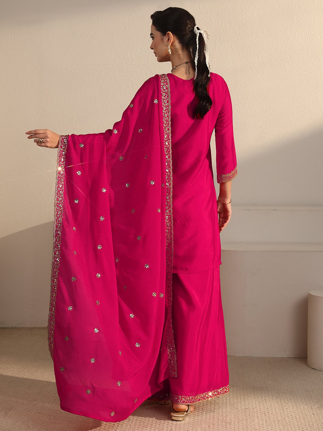 Magenta Embroidered Chinon Sharara Set with Dupatta
