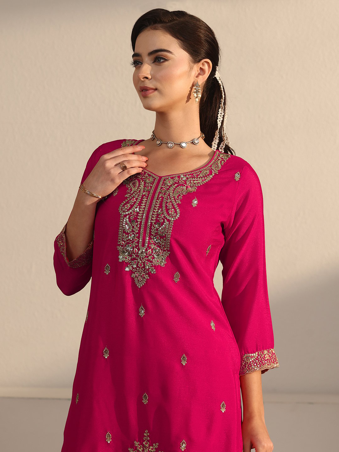 Magenta Embroidered Chinon Sharara Set with Dupatta