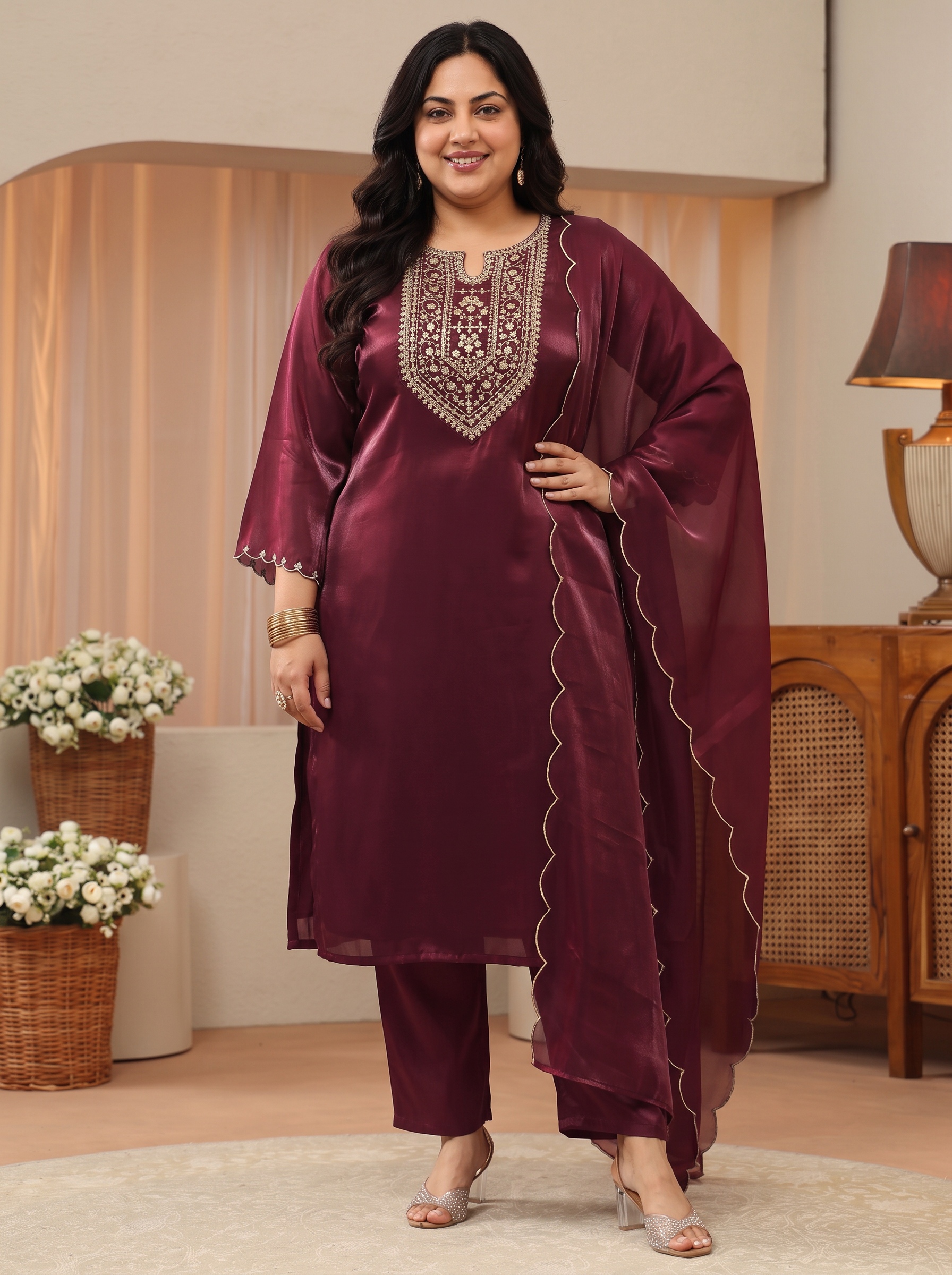 Plus Size Maroon Embroidered Kurta Set with Trousers and Dupatta