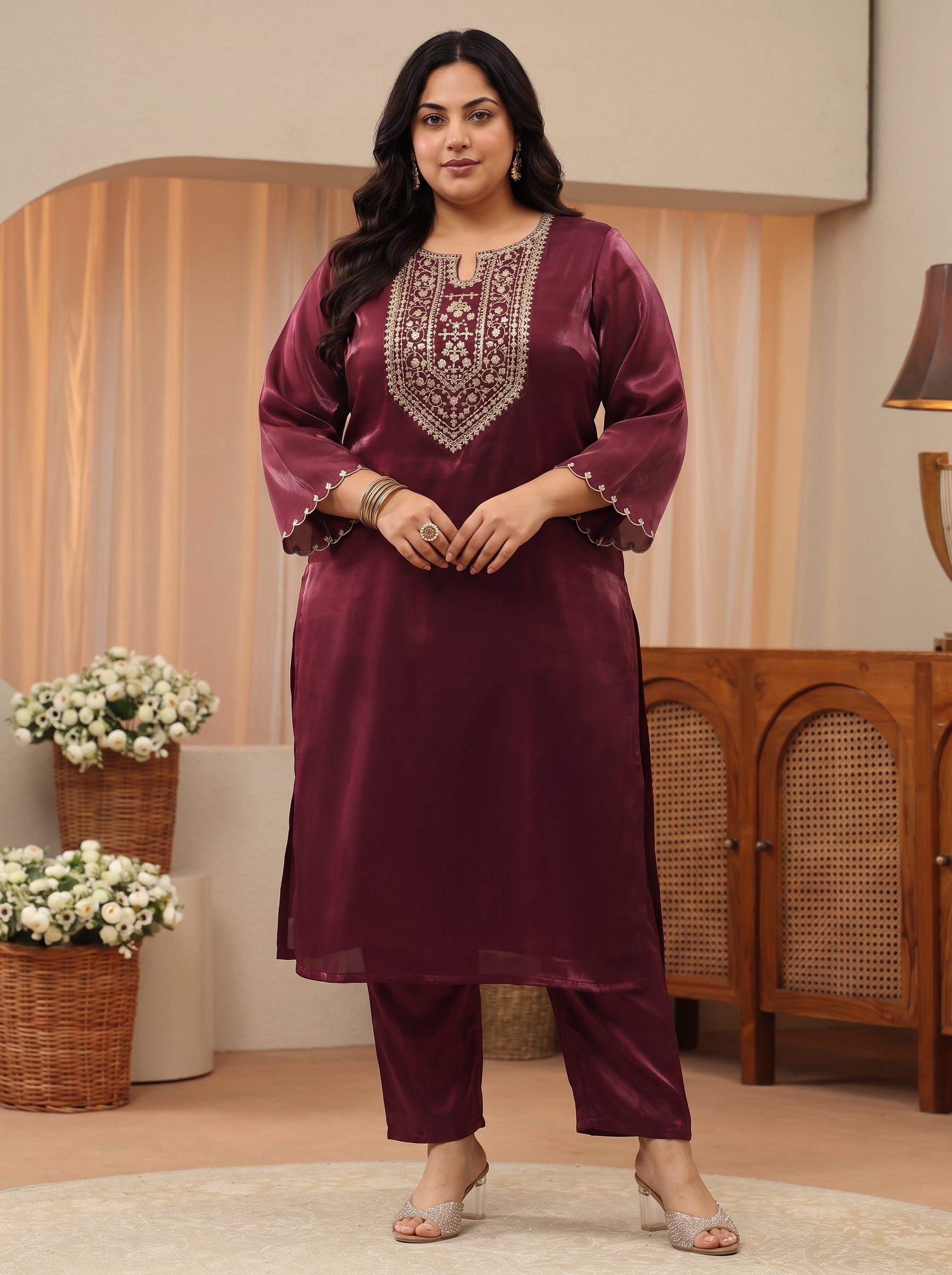 Plus Size Maroon Embroidered Kurta Set with Trousers and Dupatta