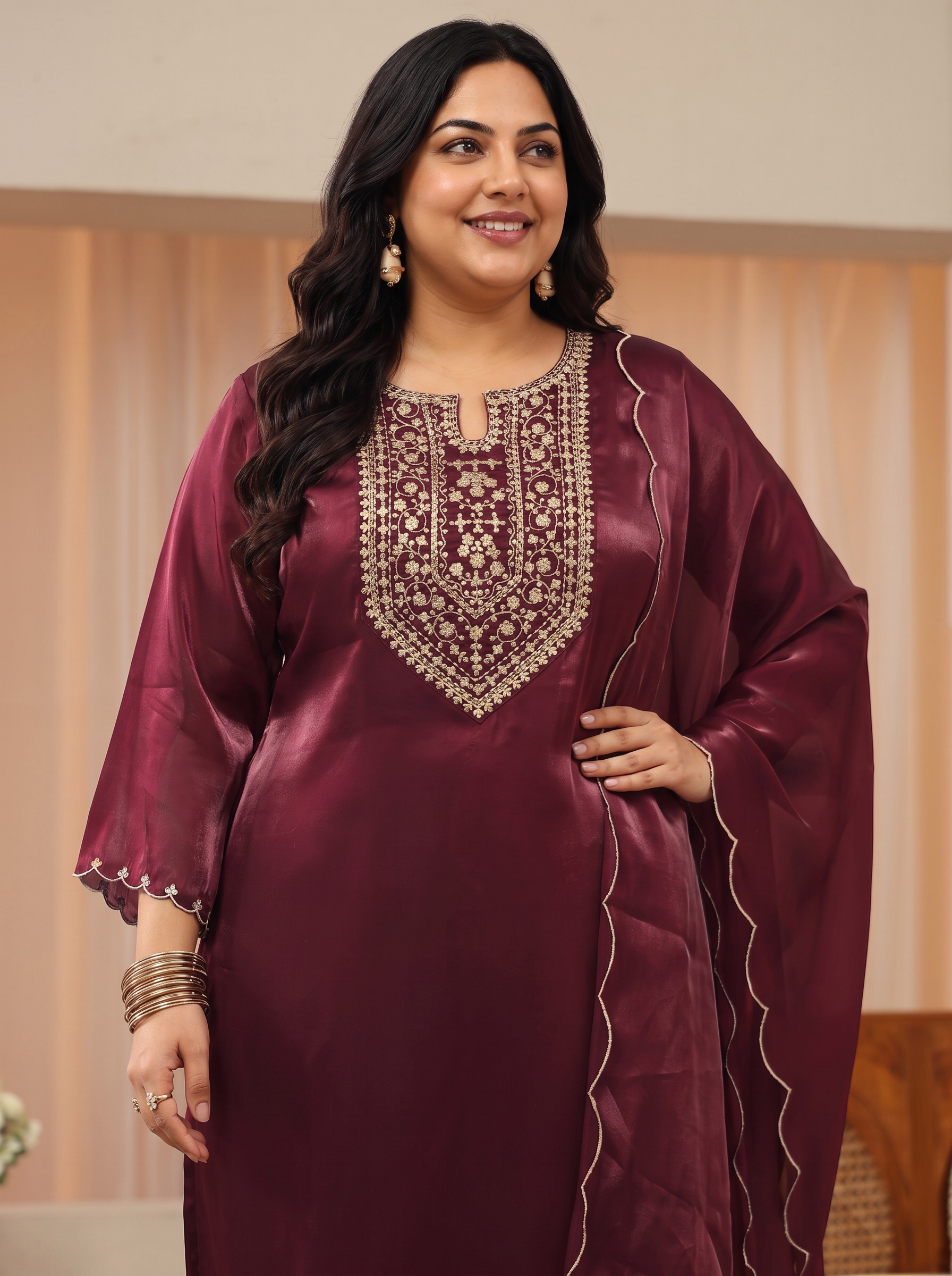 Plus Size Maroon Embroidered Kurta Set with Trousers and Dupatta