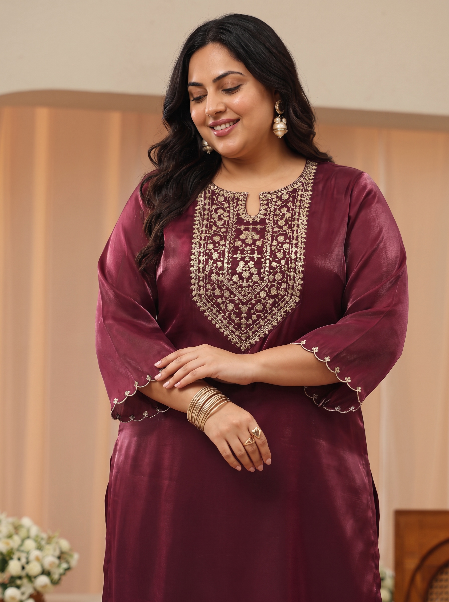 Plus Size Maroon Embroidered Kurta Set with Trousers and Dupatta