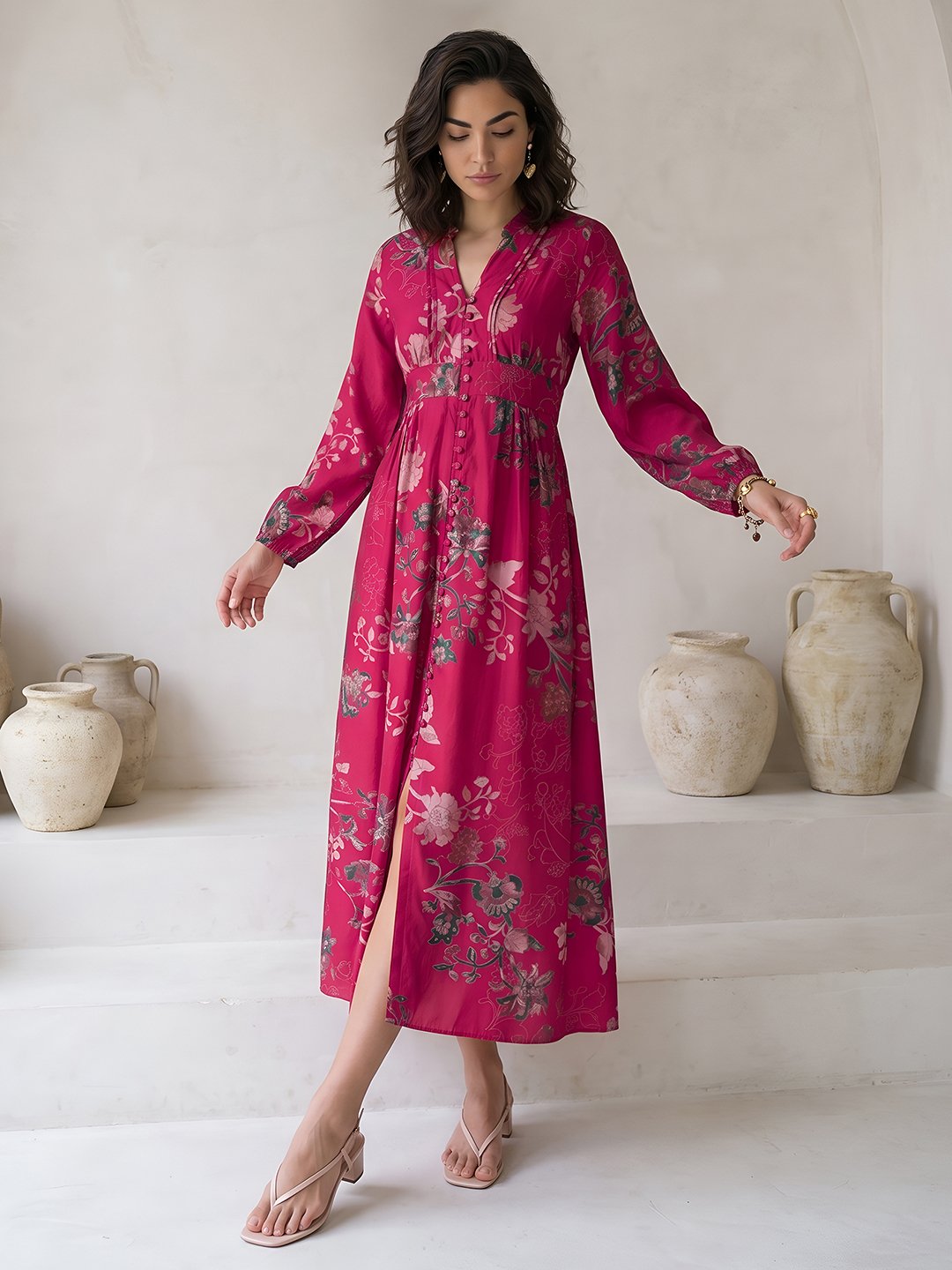Pink Floral Printed Silk Blend Maxi Dress with V-Neck