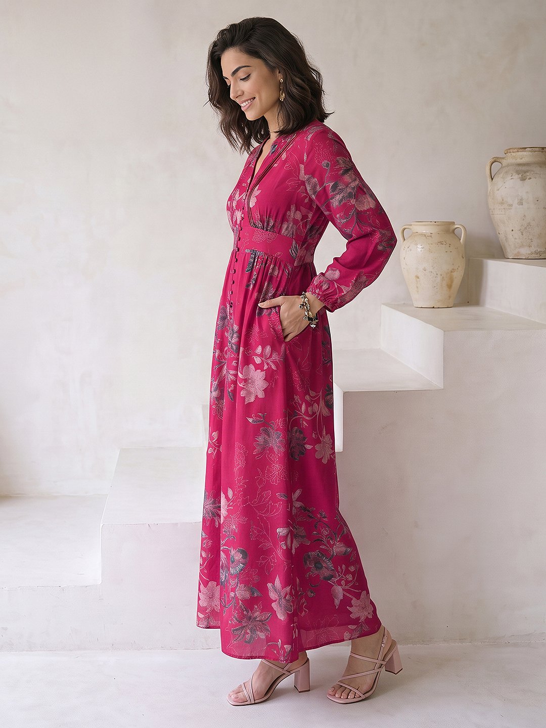 Pink Floral Printed Silk Blend Maxi Dress with V-Neck