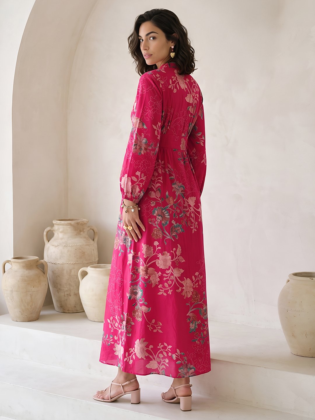 Pink Floral Printed Silk Blend Maxi Dress with V-Neck