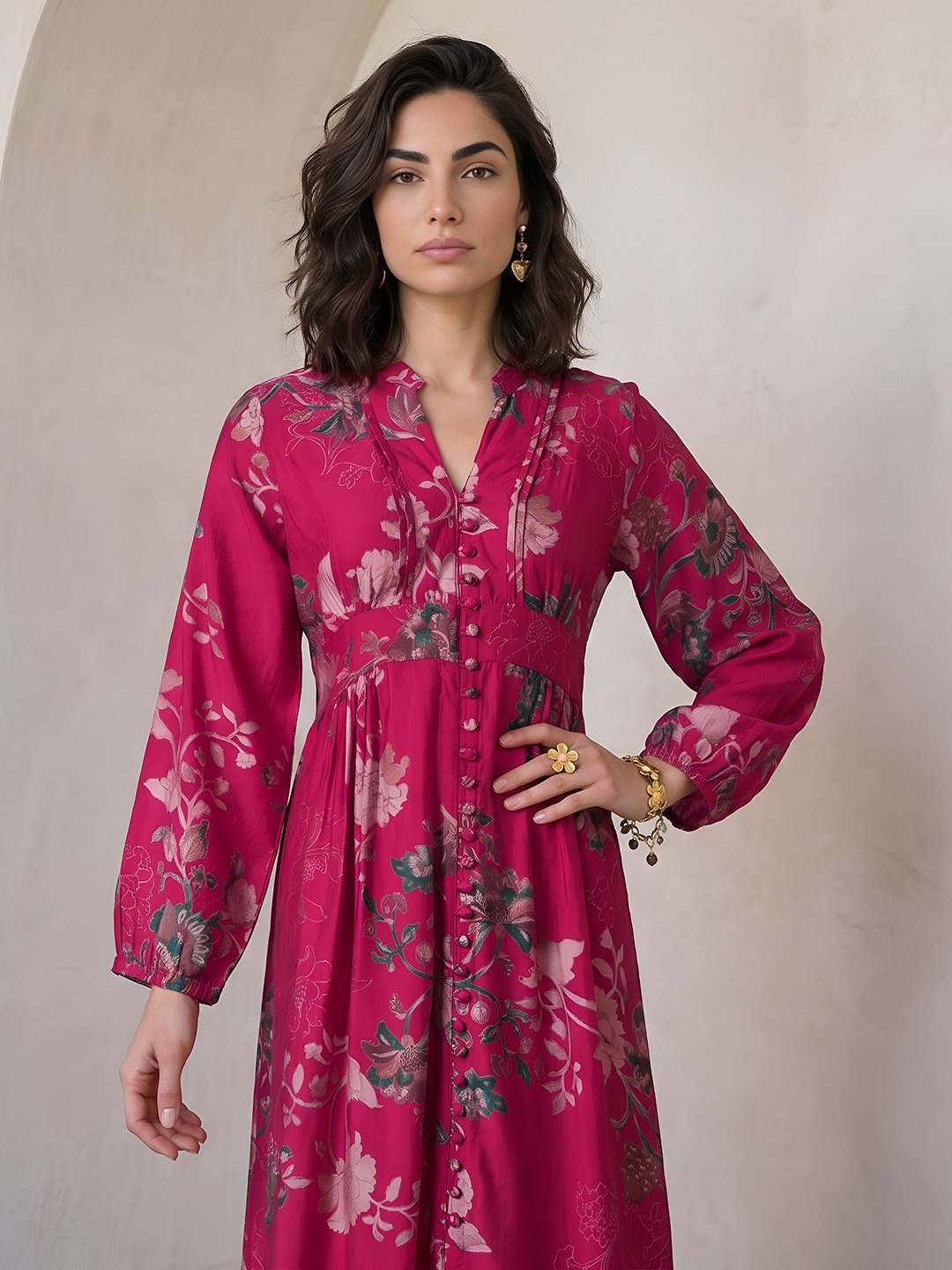 Pink Floral Printed Silk Blend Maxi Dress with V-Neck