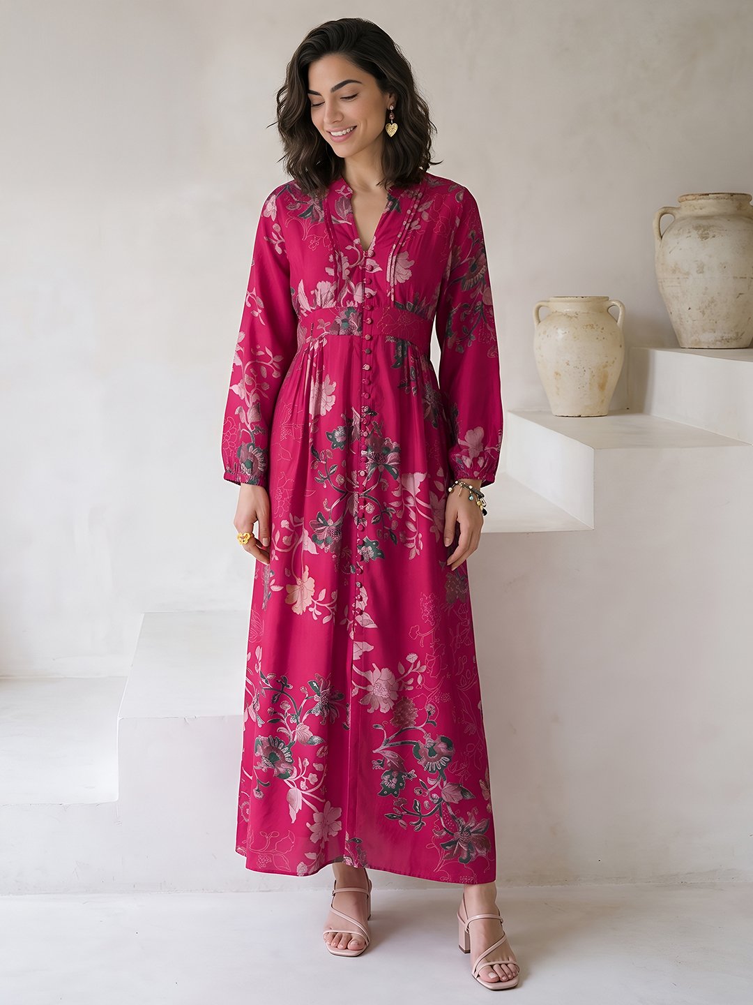 Pink Floral Printed Silk Blend Maxi Dress with V-Neck