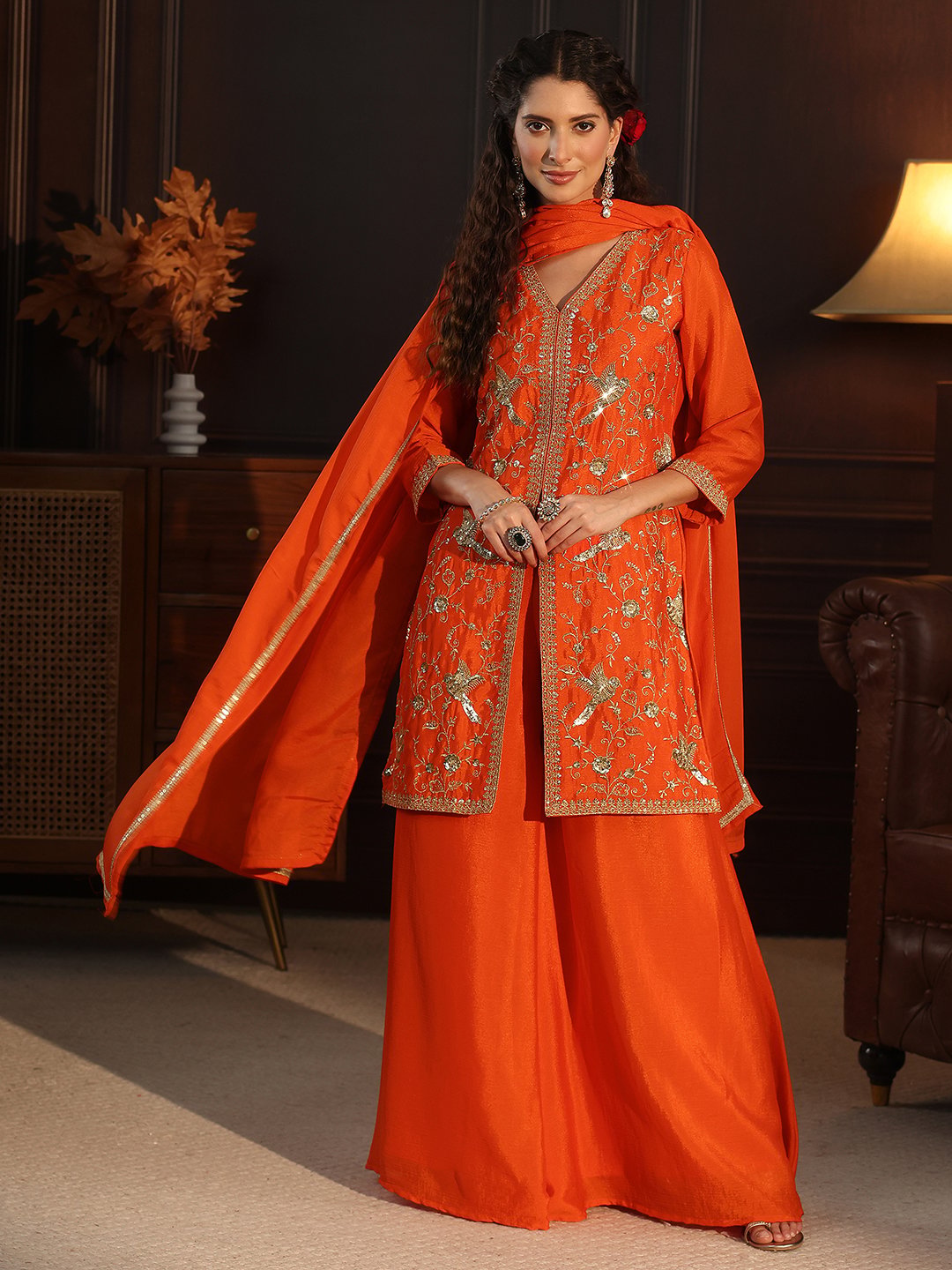 Orange Chinon Embroidered Kurta Palazzo Set with Dupatta