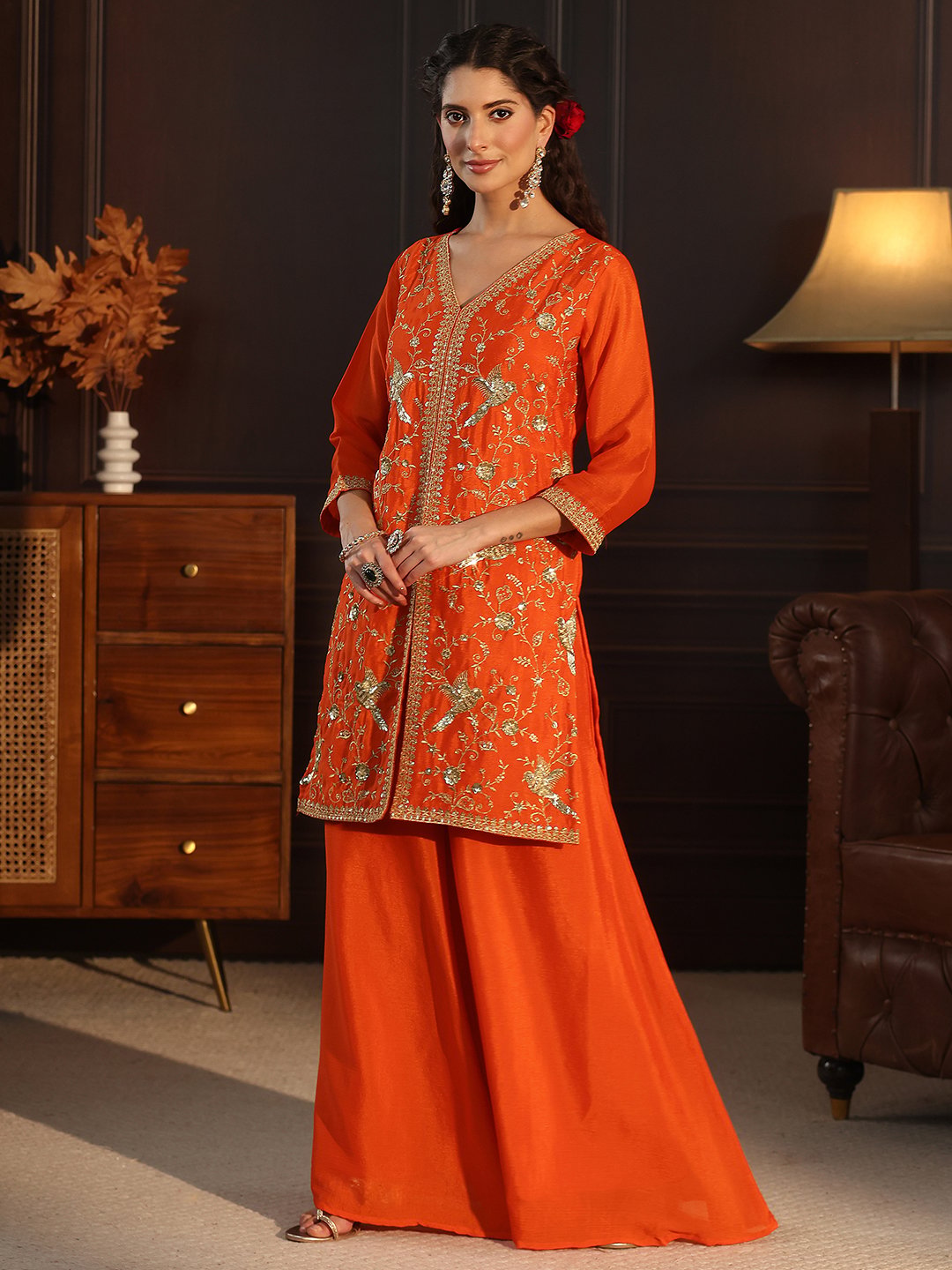 Orange Chinon Embroidered Kurta Palazzo Set with Dupatta