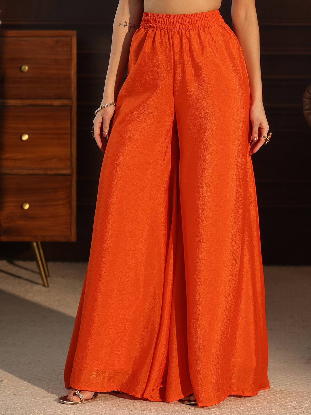 Orange Chinon Embroidered Kurta Palazzo Set with Dupatta