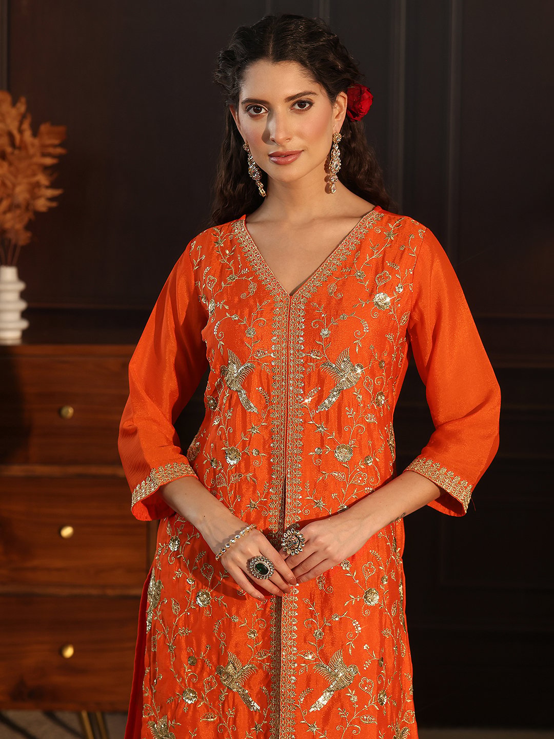 Orange Chinon Embroidered Kurta Palazzo Set with Dupatta