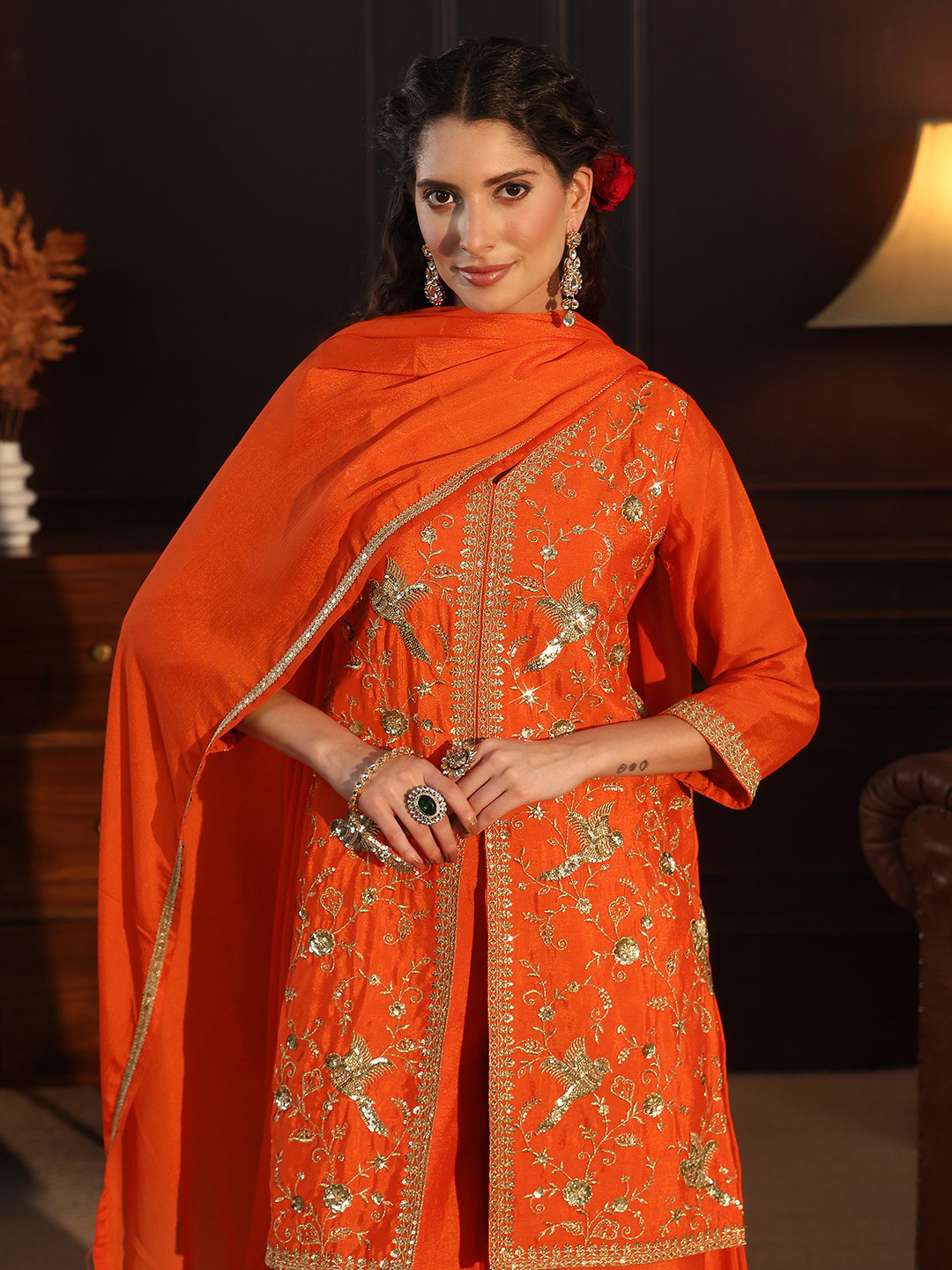 Orange Chinon Embroidered Kurta Palazzo Set with Dupatta