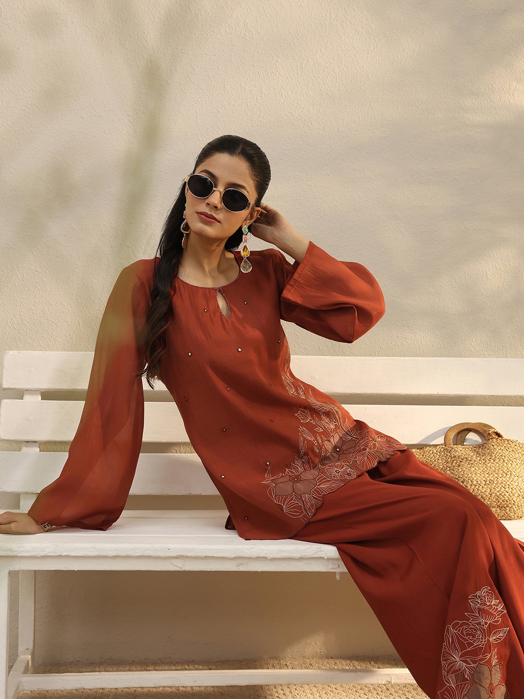 Rust Embroidered Chanderi Silk Co-ord Set with Full Sleeves