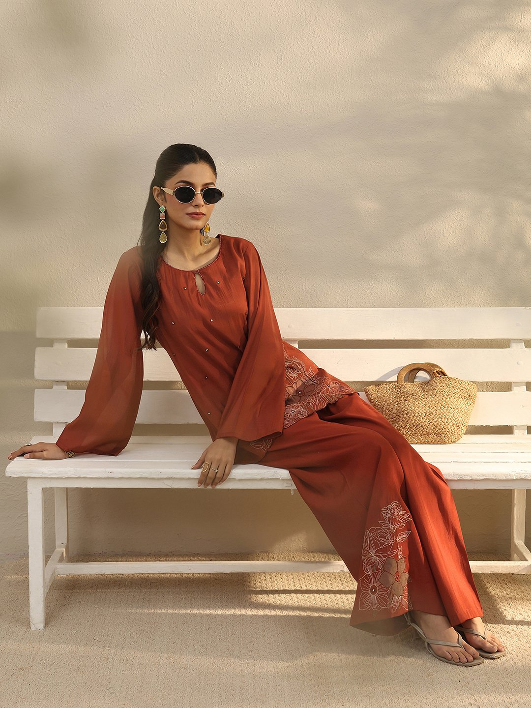 Rust Embroidered Chanderi Silk Co-ord Set with Full Sleeves